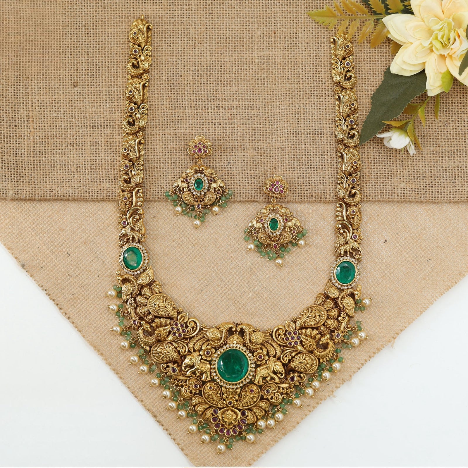 Peacock Motif Long Haara with Central Medallion and Drop Fringe