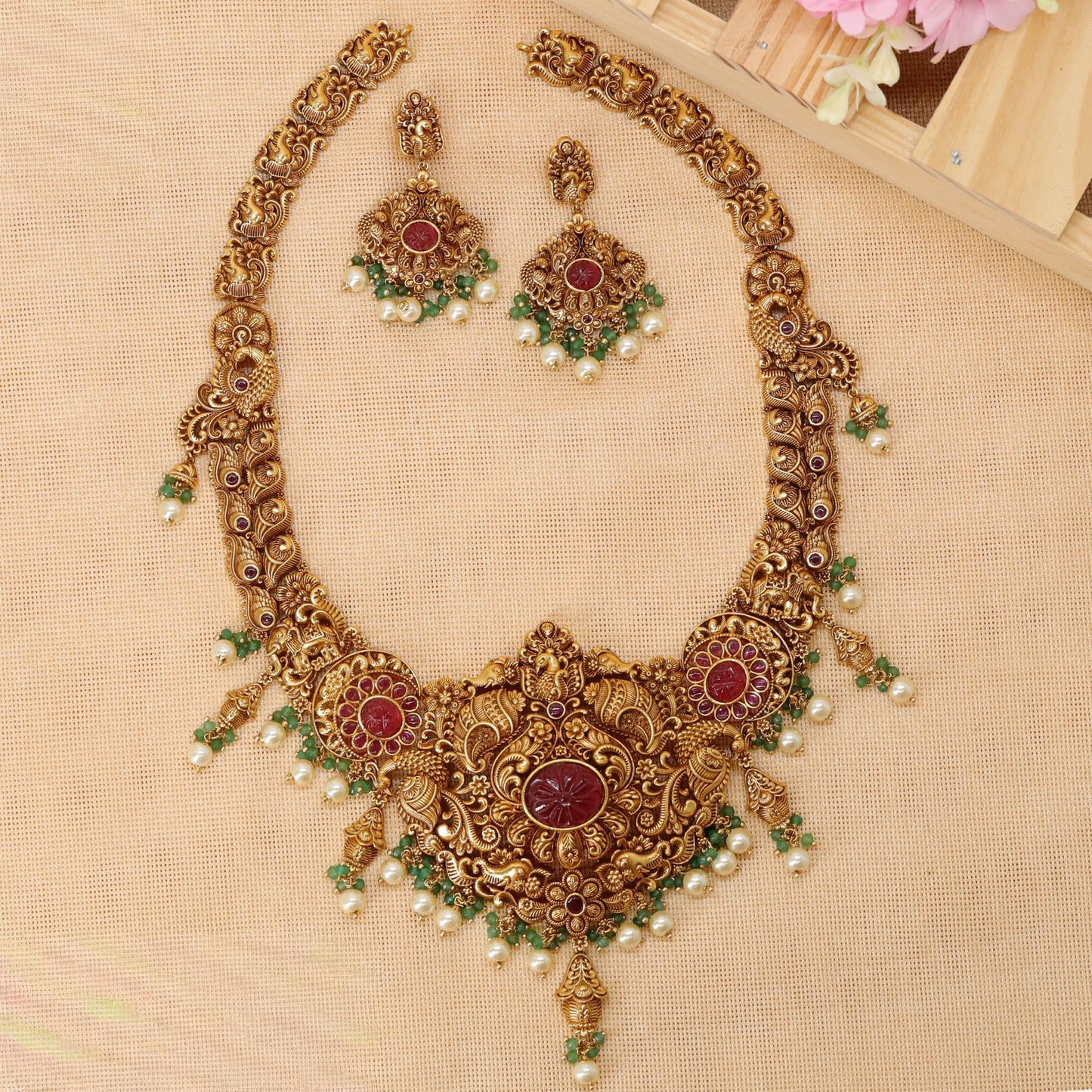 Floral Medallion Long Haara with Central Pendant and Drop Fringe