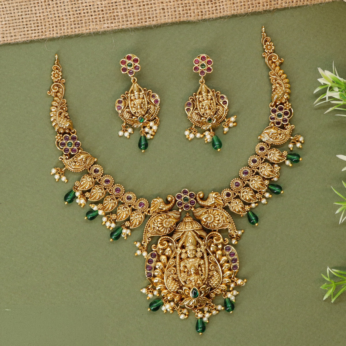 Traditional Lakshmi Motif Antique Necklace with Detailed Craftwork