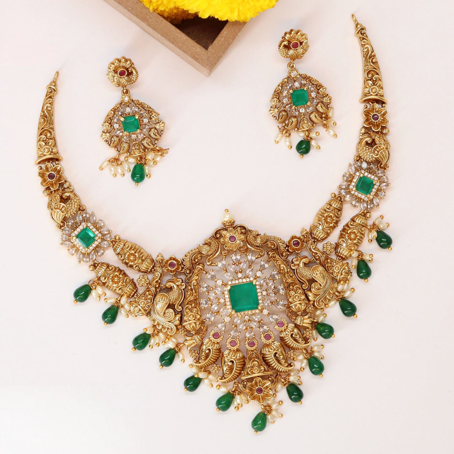 Grand Peacock Flanked Necklace with Square Center Pendant and Drop Hangings