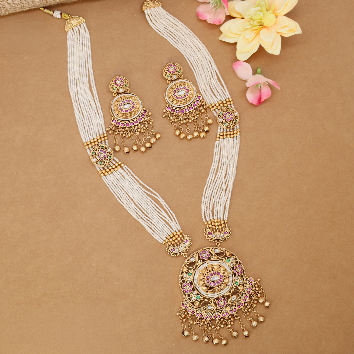 Designer Kundan Pearl Long Haara with Elaborate Floral Centre Design
