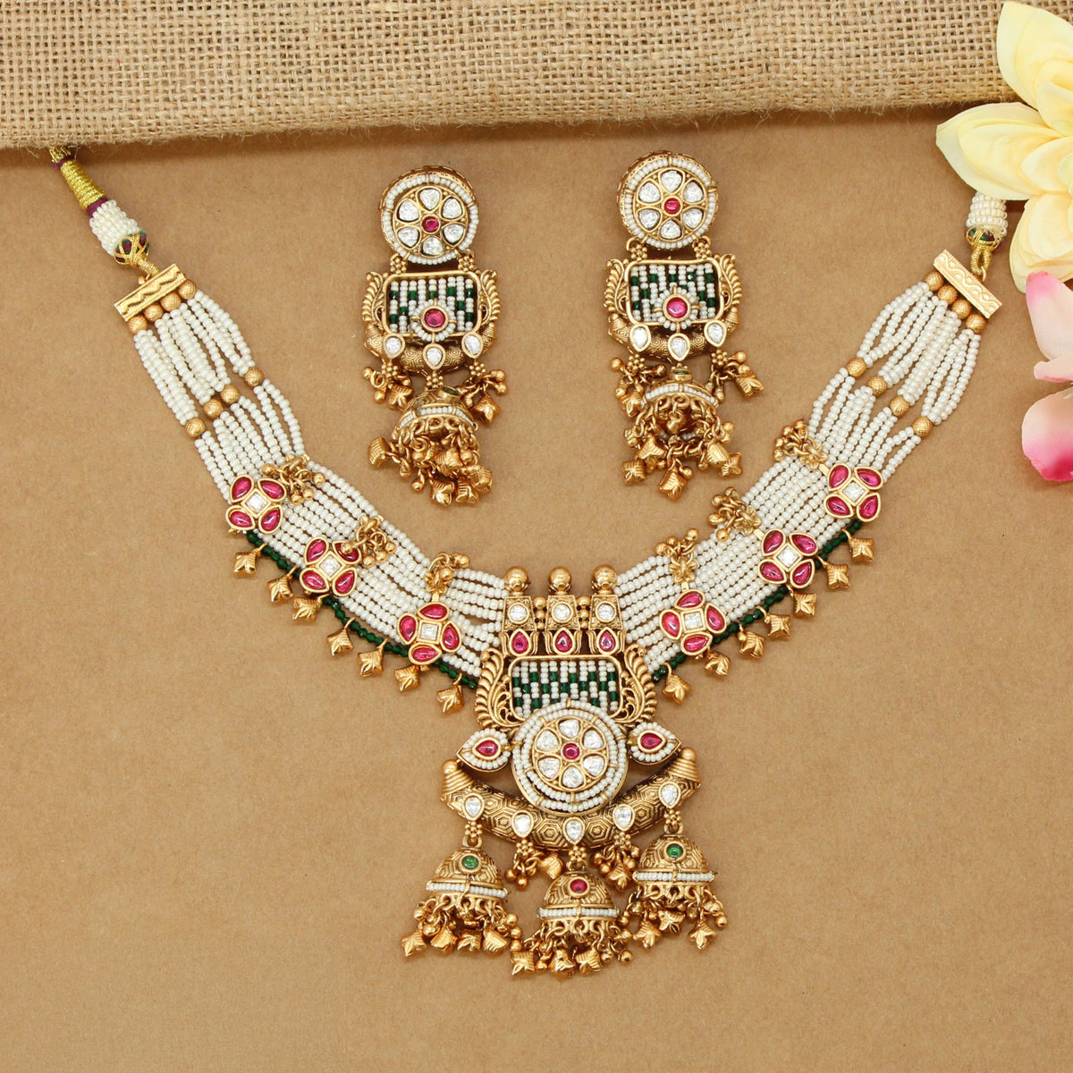Classic Kundan Pearl Necklace With Multi-Strand Pearl Work