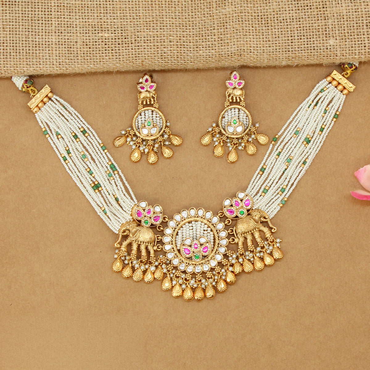 Kundan Pearl Necklace With Elephant And Floral Detailing