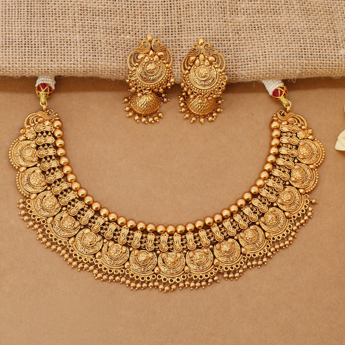 Traditional Lakshmi Coin Necklace With Pearl Fringe