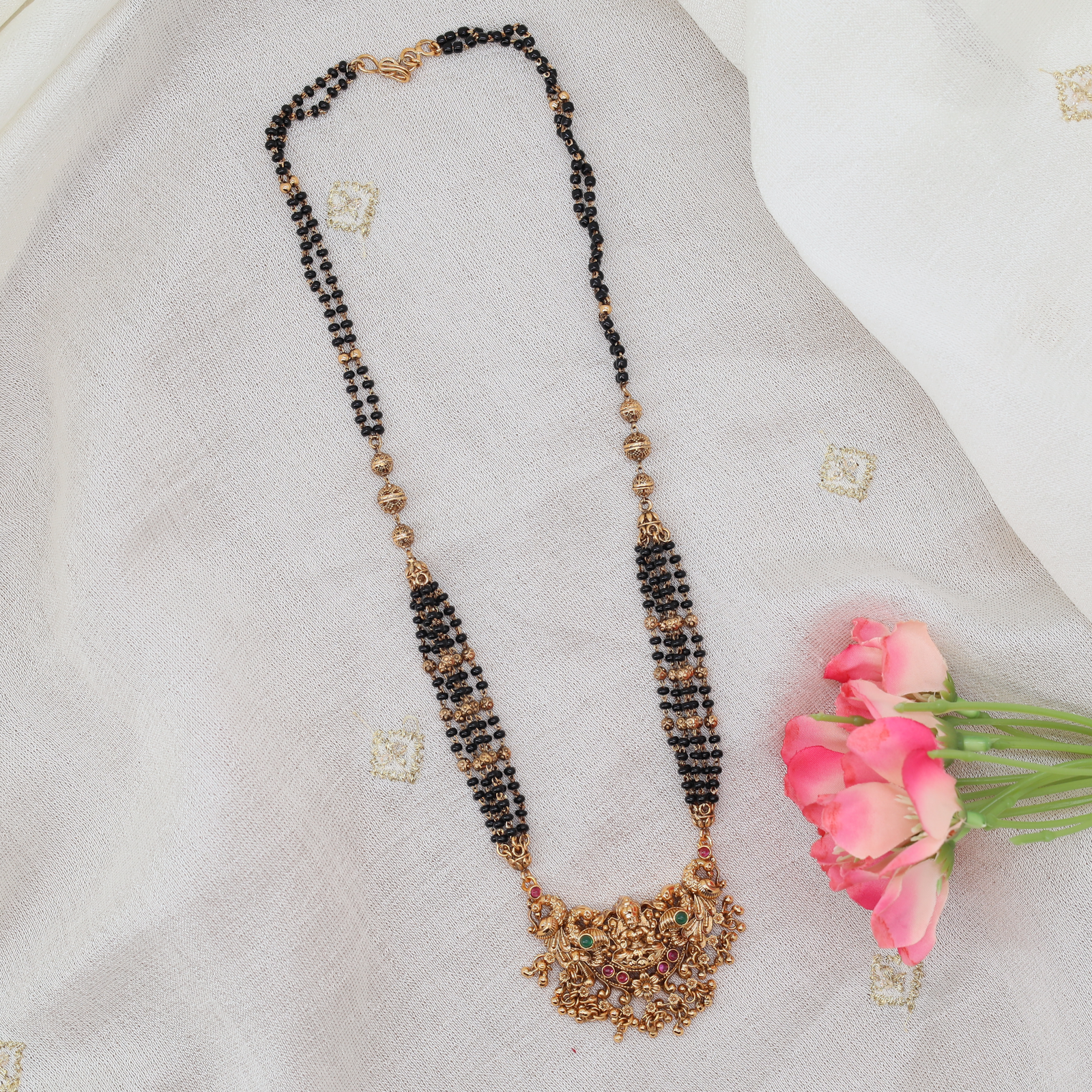 Black Bead Mangalsutra with Structured Side Bars and Lakshmi Pendant