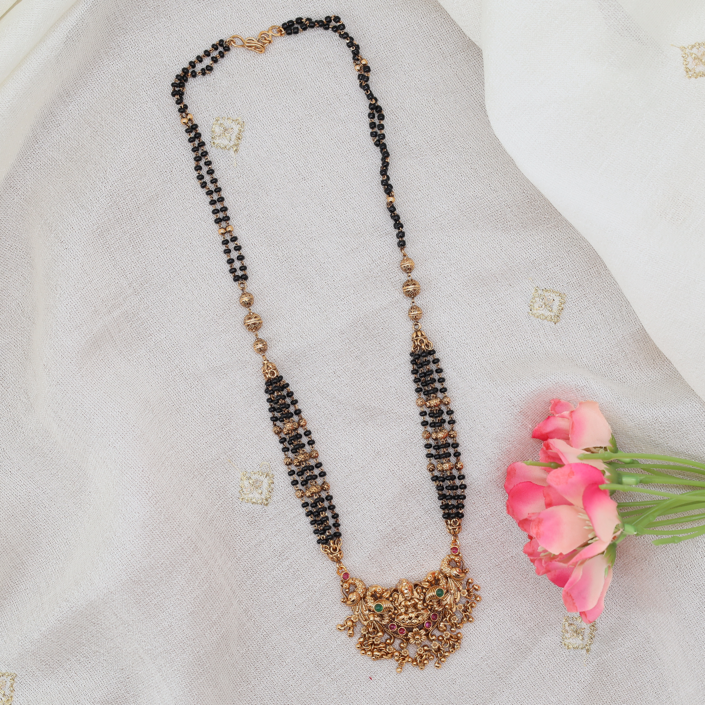 Black Bead Mangalsutra with Structured Side Bars and Lakshmi Pendant