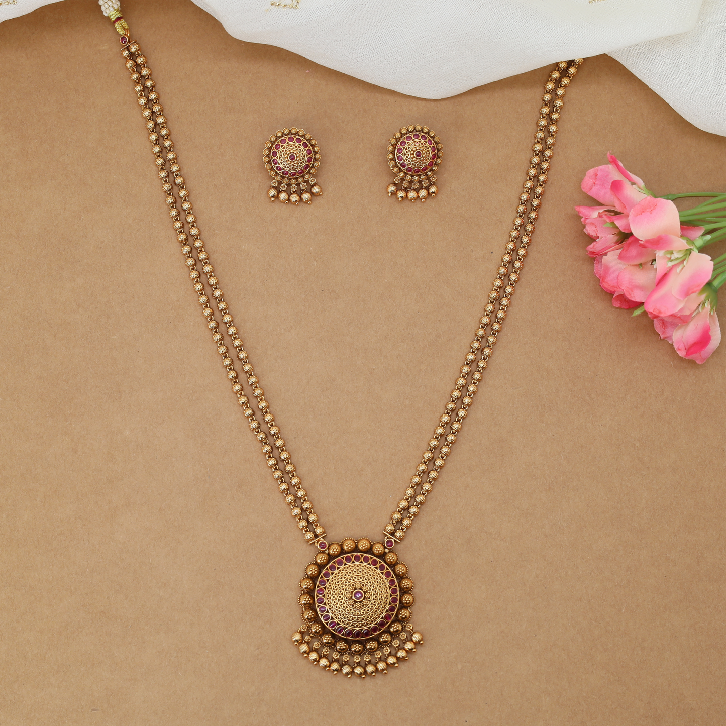 Dual Bead Chain Pendant with Circular Medallion and Drop Bead Fringe