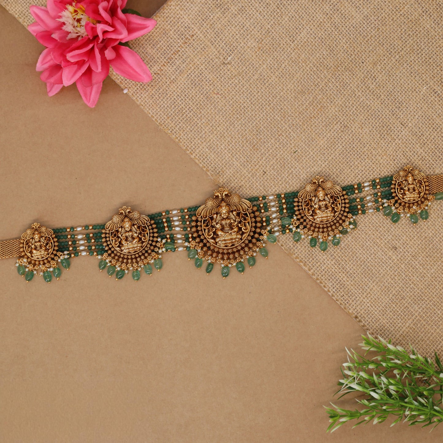 Lakshmi panel waist belt with multiple deity medallions and bead strand links