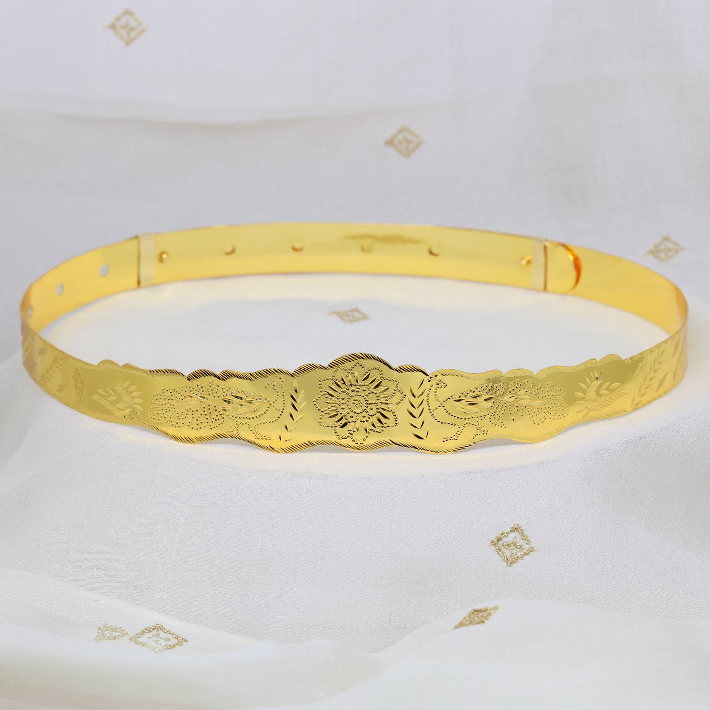 Classic Gold Dabu Waist Belt with Symmetrical Peacock Engraving and Broad Center