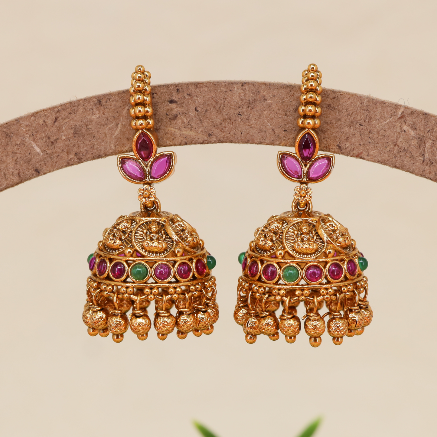 Antique Dome Jumka with Beaded Stud Top and Lotus Style Connector with Hanging Bead Fringe