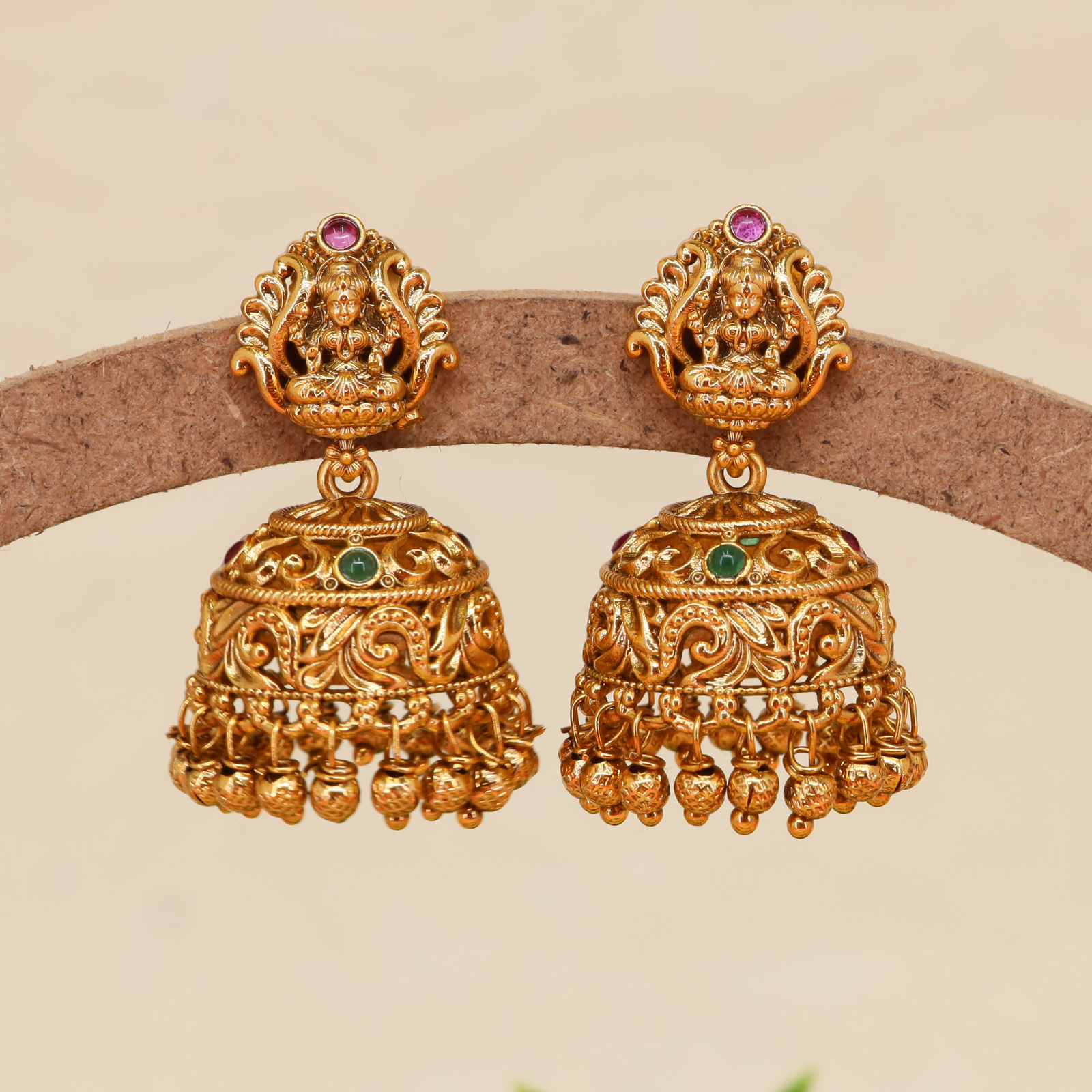 Antique Lakshmi Jumka with Sculpted Stud Top and Dome Base with Bead Drop Fringe