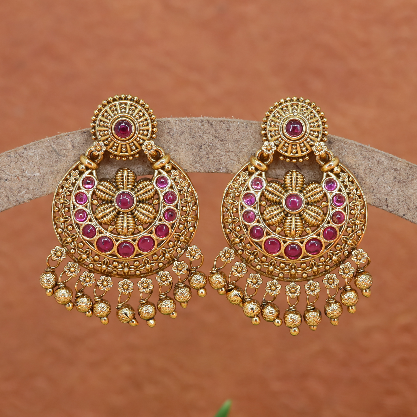 Radiant Circular Hanging with Floral Stud Top and Multi Drop Bead Fringe