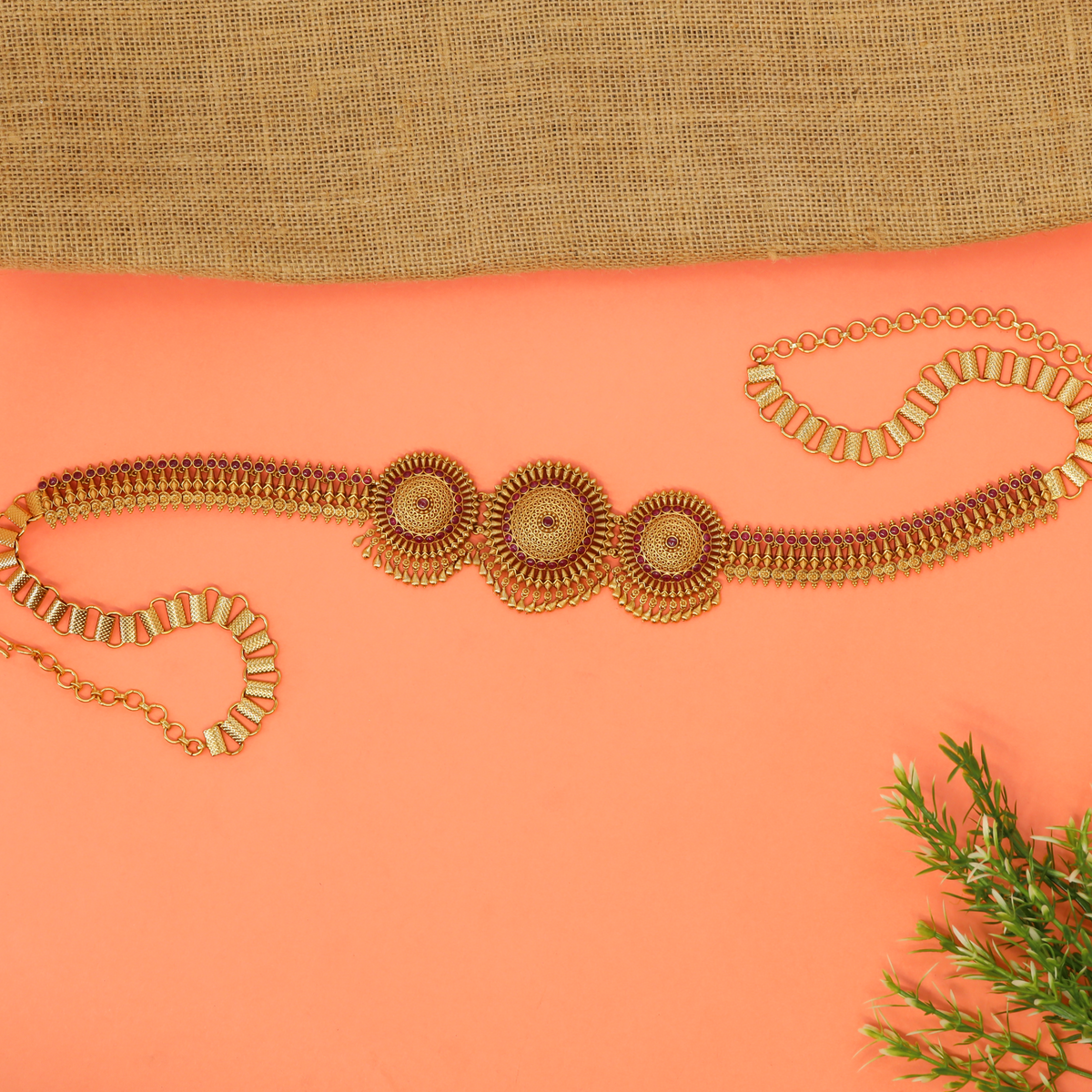 Sunburst Disc Waist Belt with Three Medallions and Hanging Link Borders