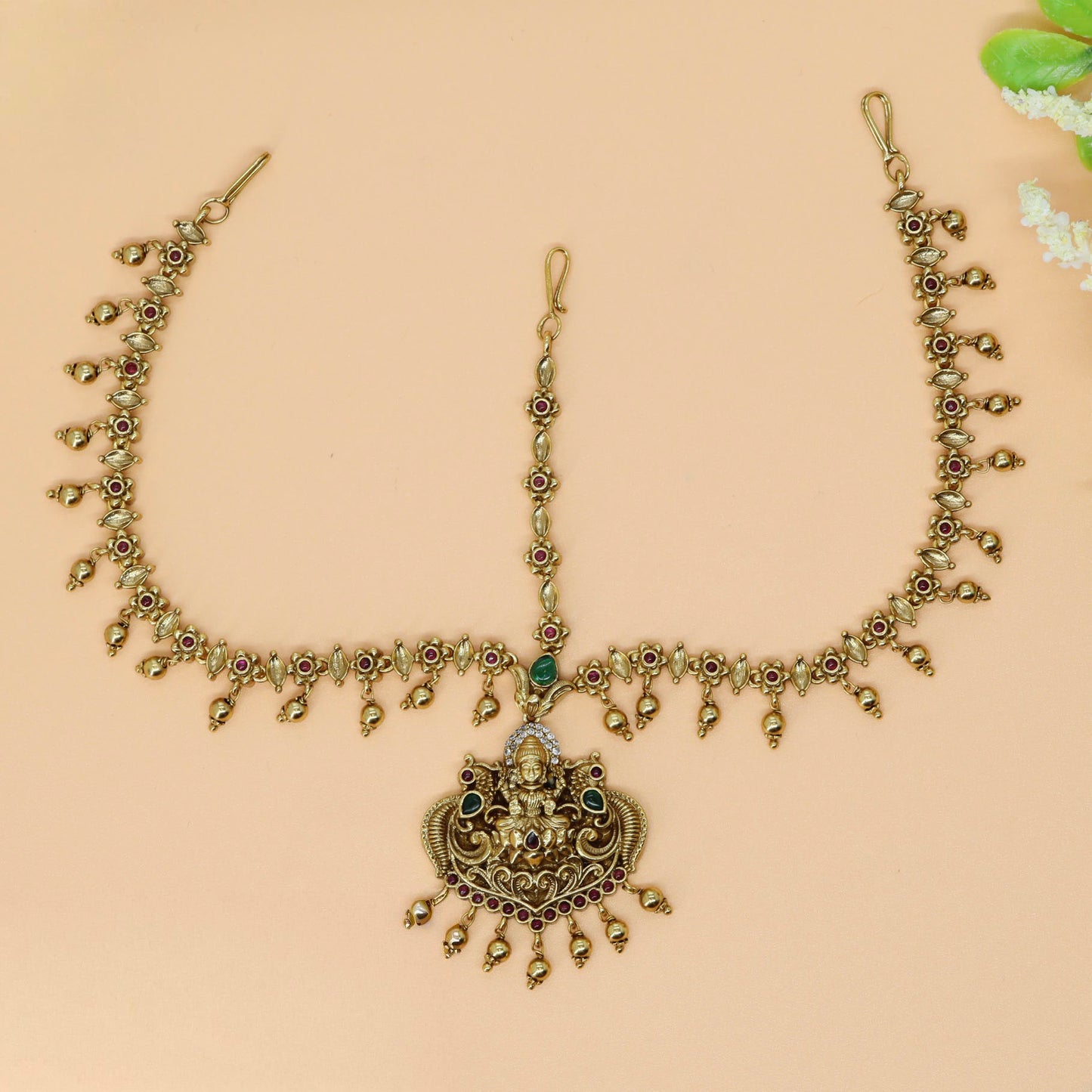 Lakshmi Carved Headset with Floral Link Chain and Drop Hangings