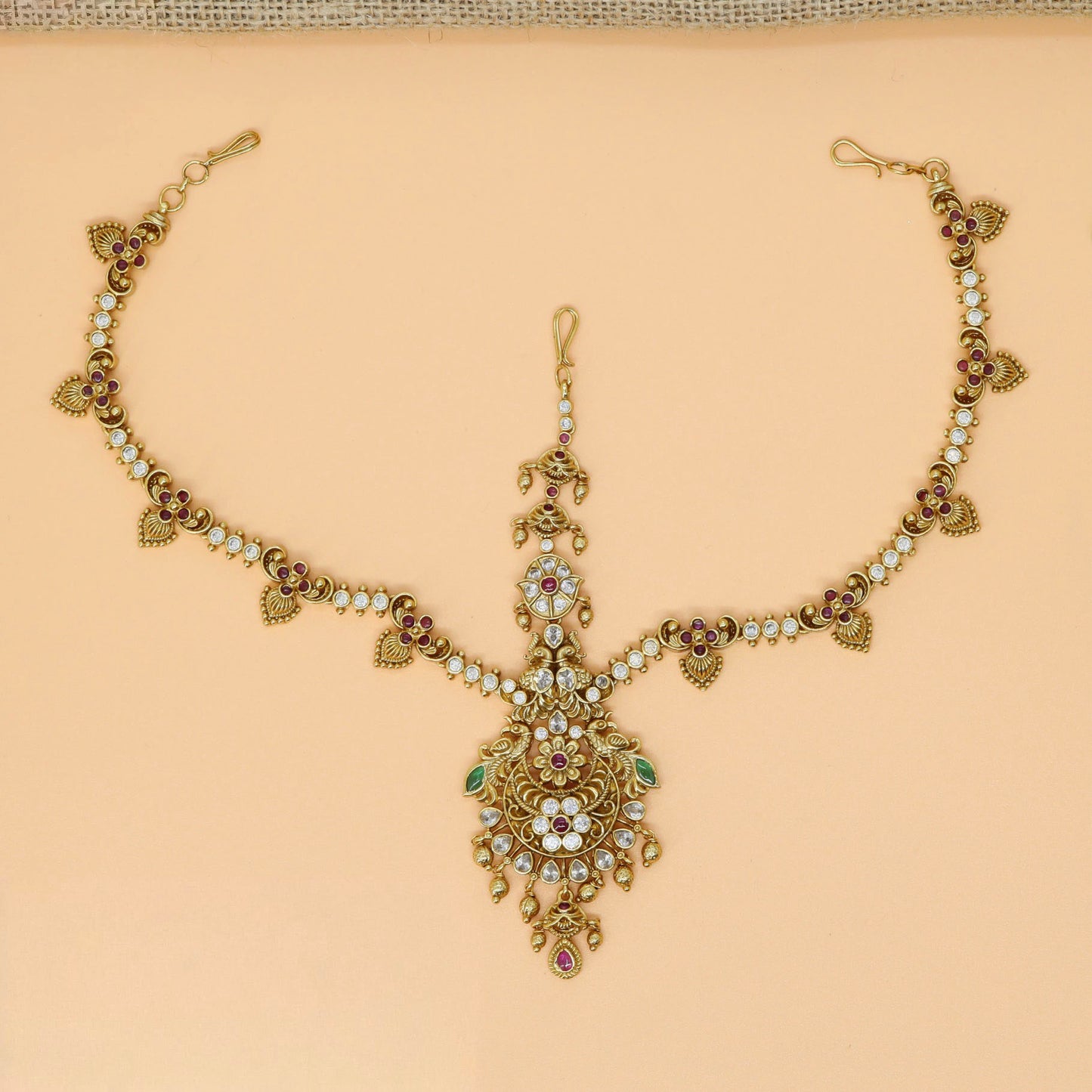 Leaf Accent Headset with Beaded Chain and Drop Pendant Fringe