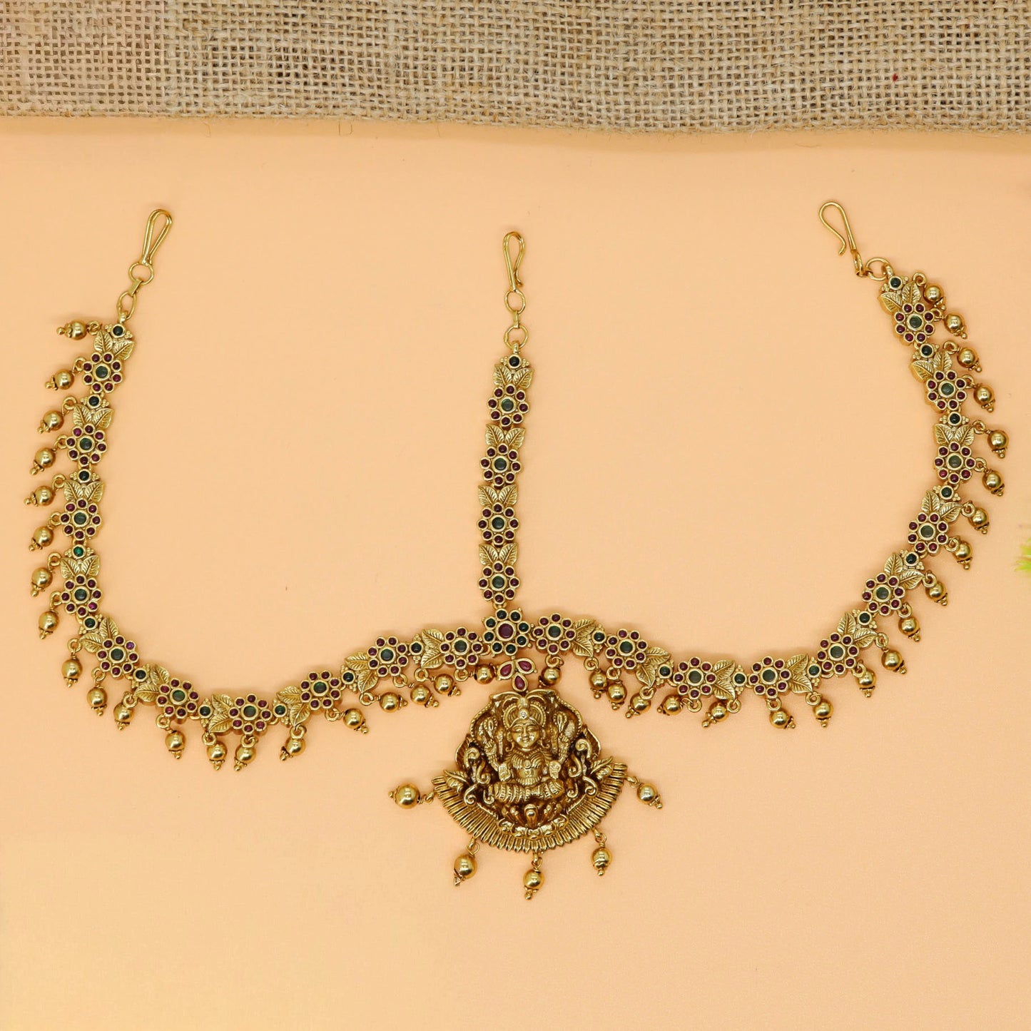 Lakshmi Pendant Headset with Stone Link Chain and Drop Hangings
