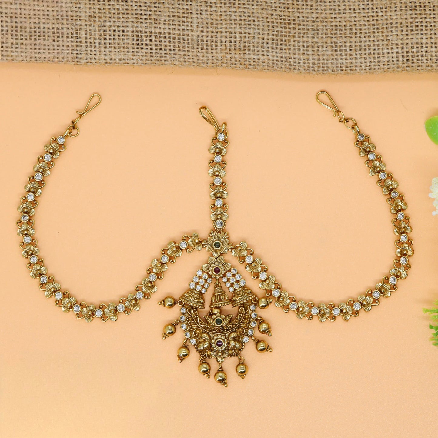 Peacock Pendant Headset with Floral Link Chain and Drop Hangings
