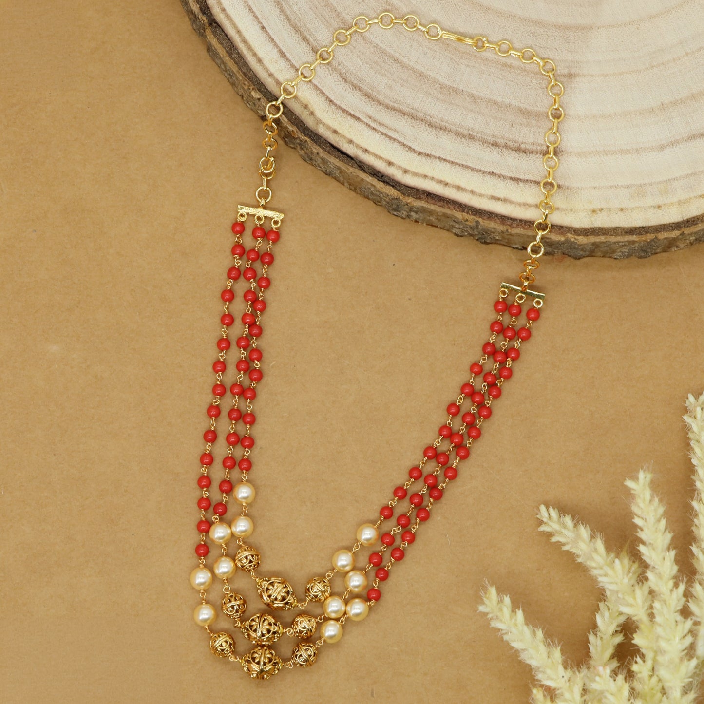 Triple Strand Beads Chain with Pearl Cluster Drops and Ornate Ball Accents