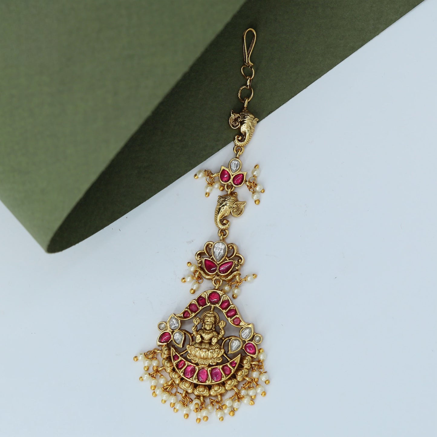 Lakshmi Pendant Tikka with Floral Connectors and Hanging Drop Beads