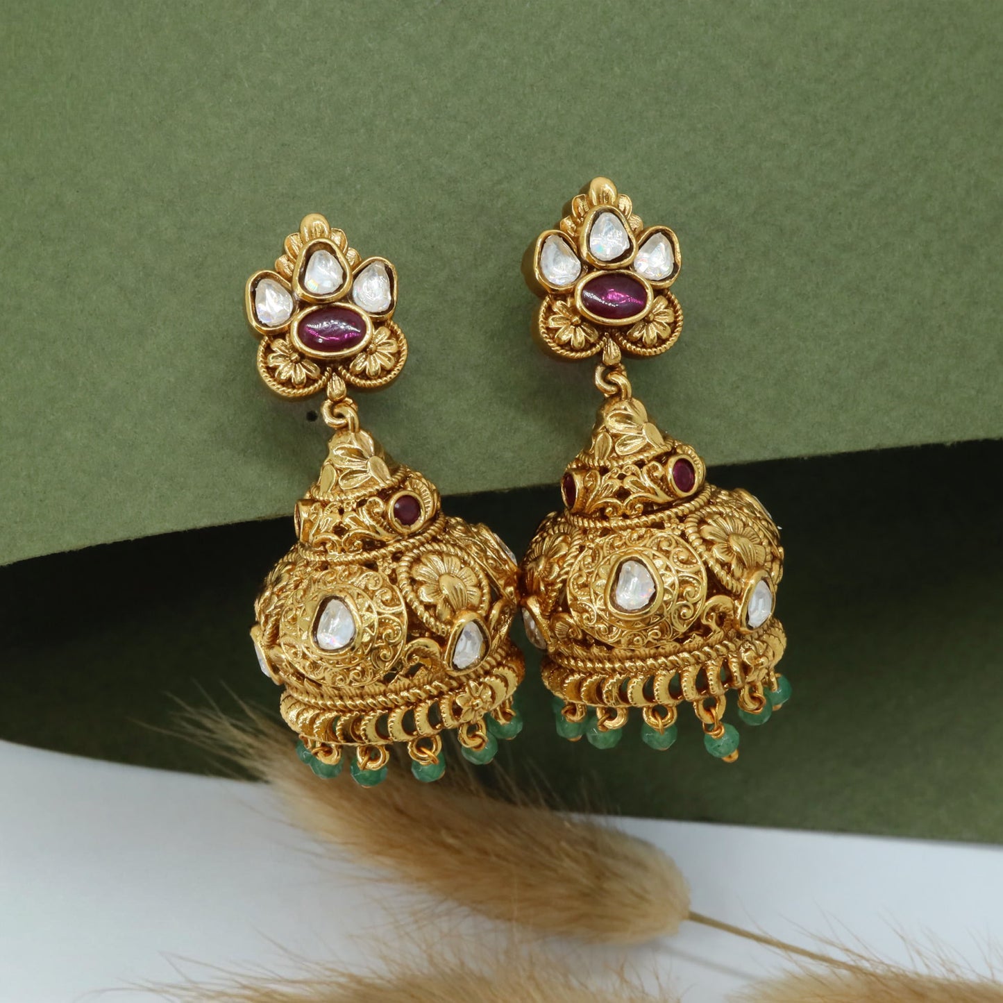 Floral Stud Jumka with Dome Design and Hanging Bead Fringe