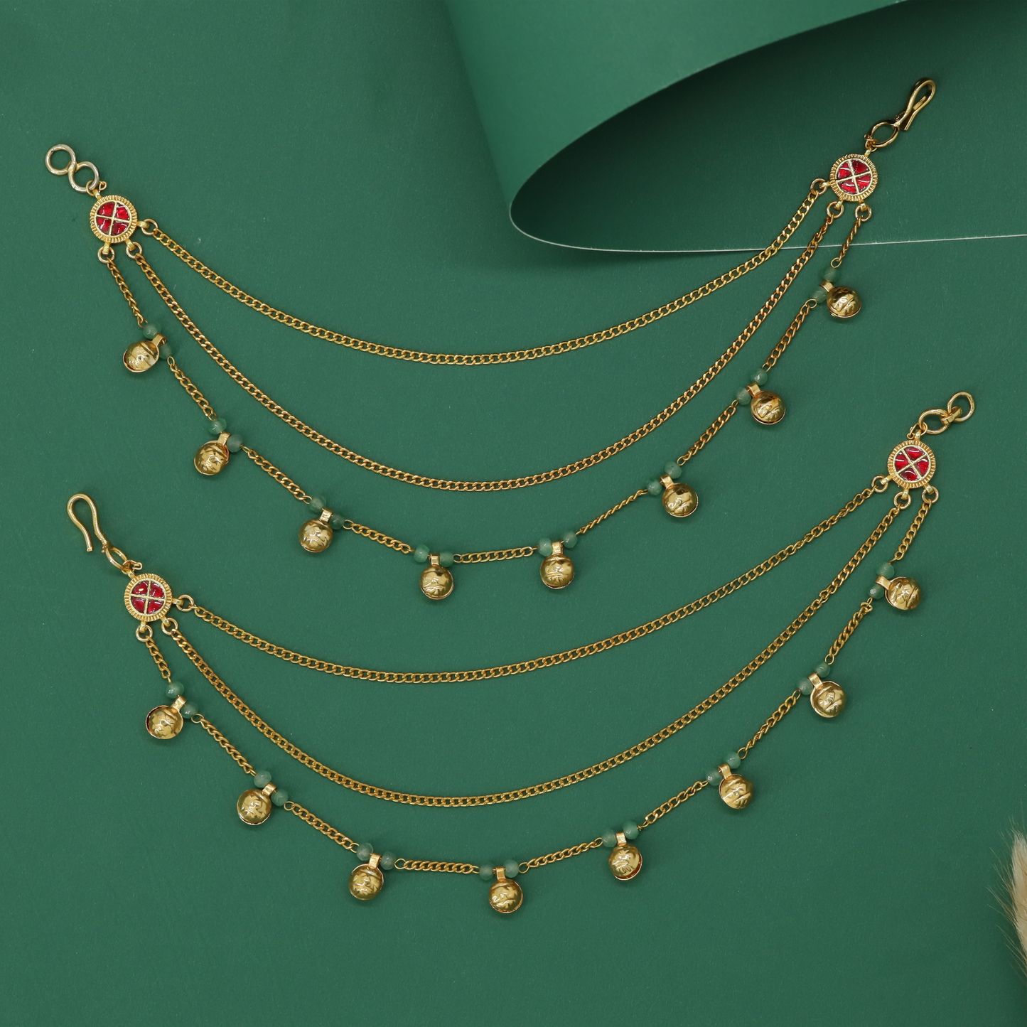 Graceful Triple Chain Jadau Mati with Circular Side Connectors and Hanging Coin Drops
