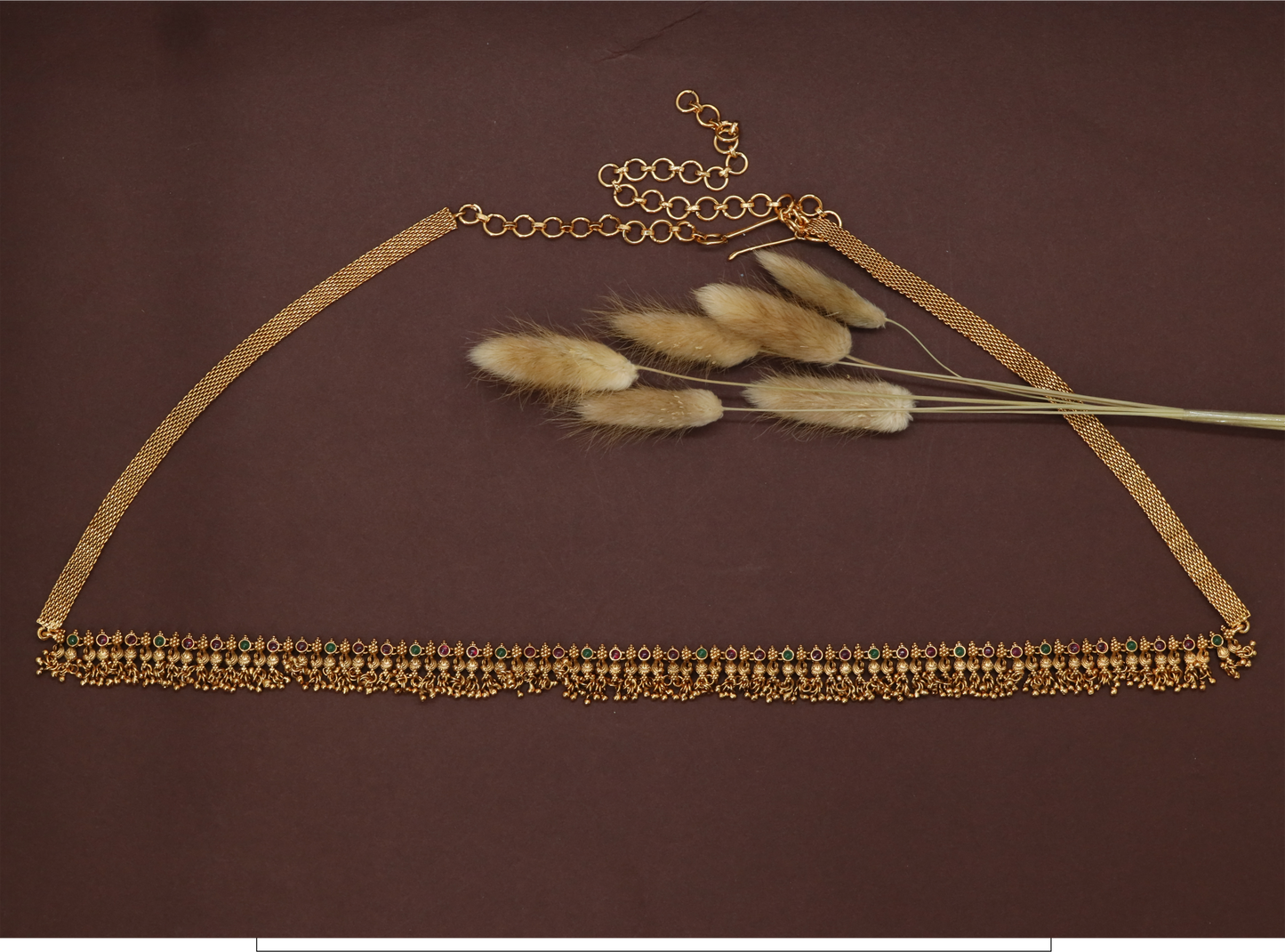 Radiant bead fringe waist belt with slim band and continuous drop detailing