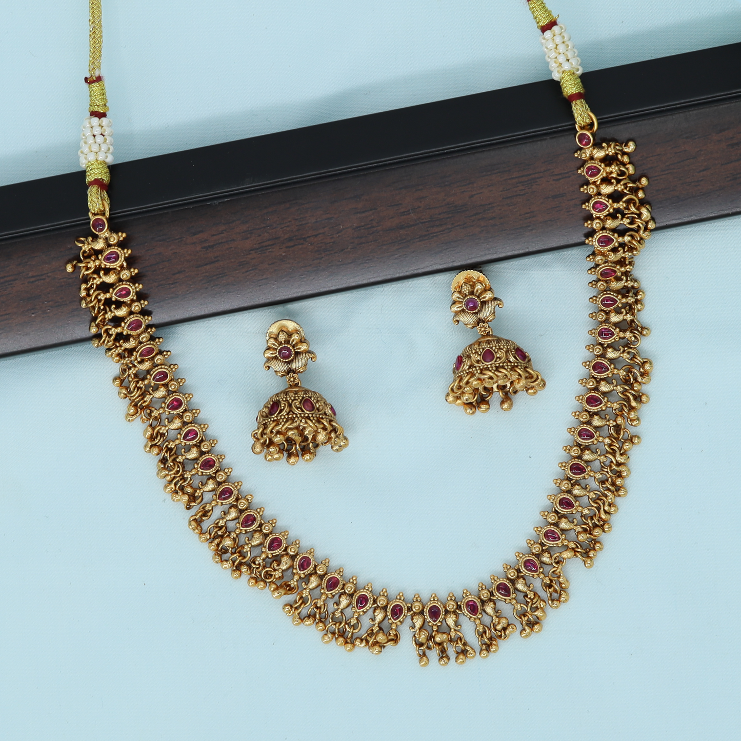 Arched Link Necklace with Repeating Oval Units and Dense Hanging Bead Fringe