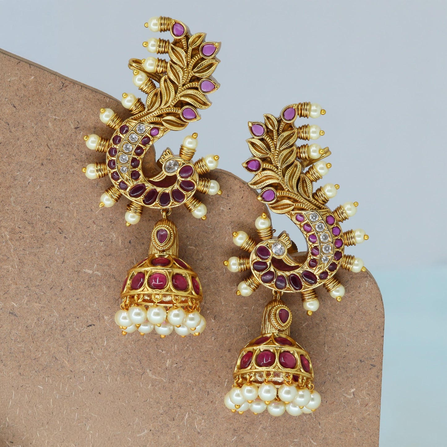 Sculpted Peacock Curve Cuff Jumka with Beaded Dome Drops and Textured Leaf Top
