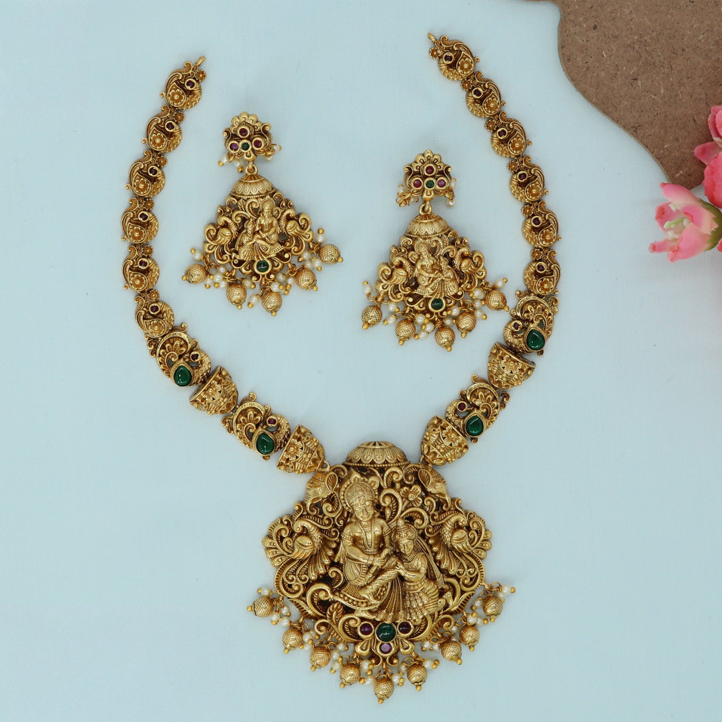 Statement Radha Krishna Necklace with Engraved Segments and Drop Accents