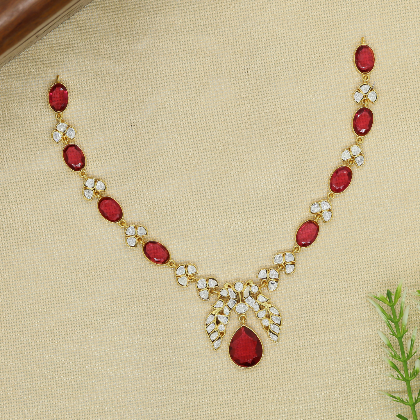 Floral Link Jadau Necklace with Repeating Oval Units and Teardrop Center Drop