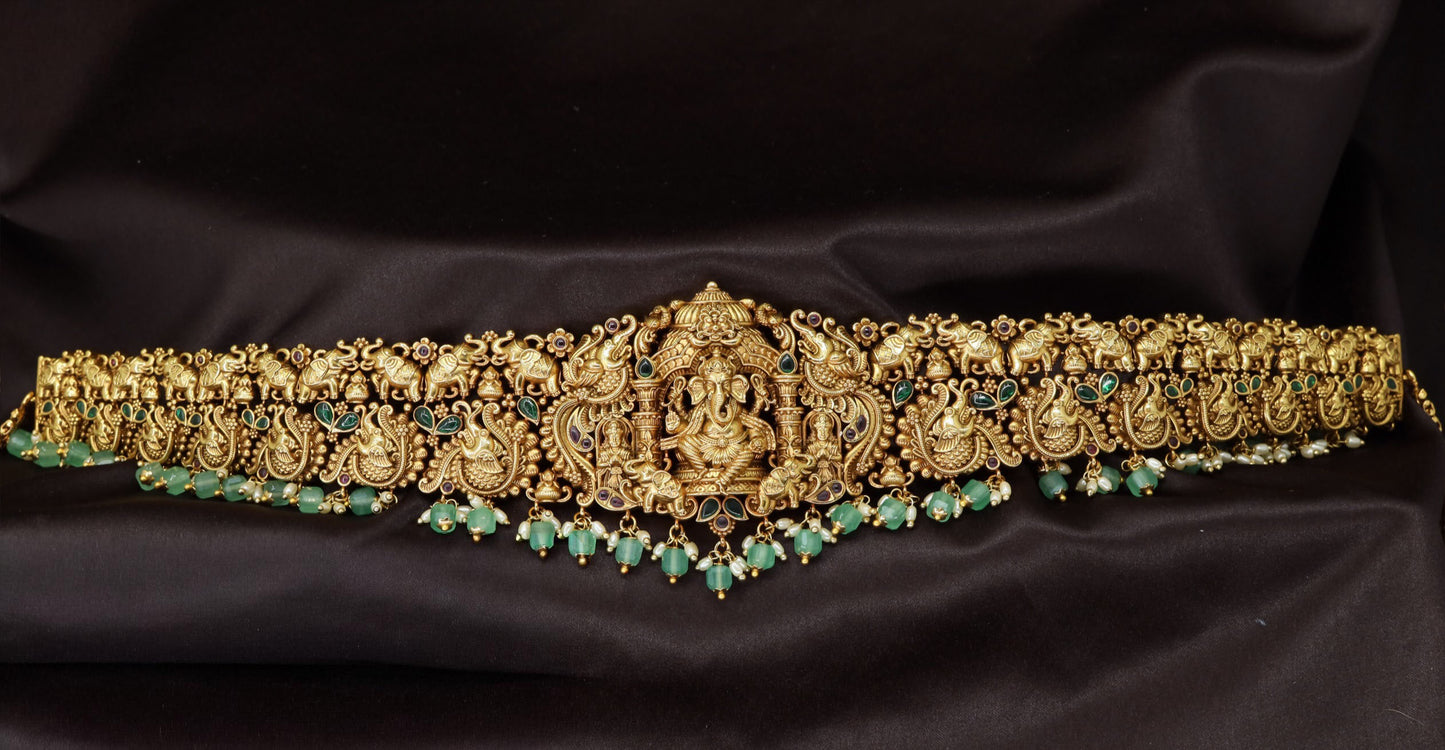 Ganesha Shrine Waist Belt with Arch Panel and Bead Fringe