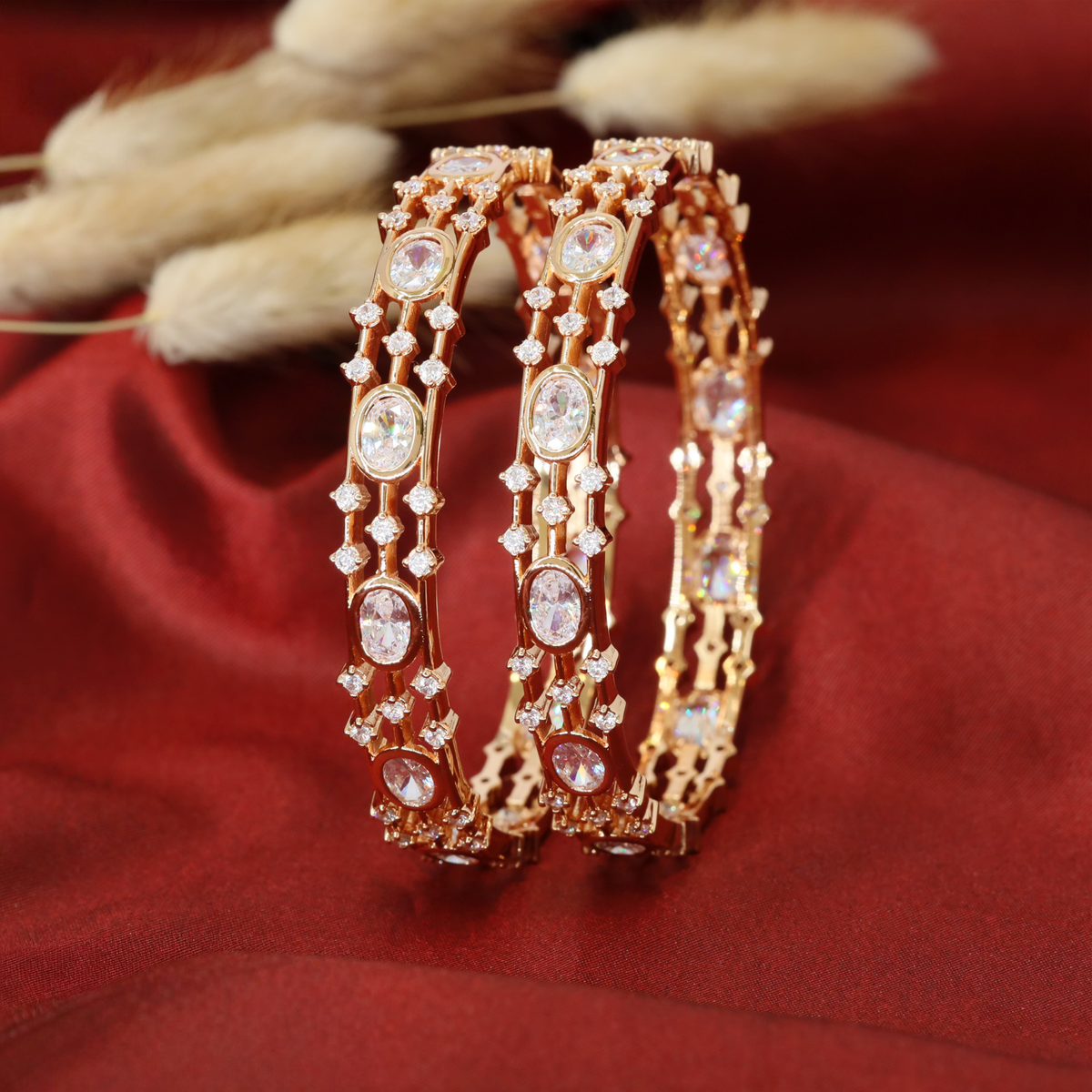 Crafted Link Bangles with Oval Settings and Repeating Side Elements