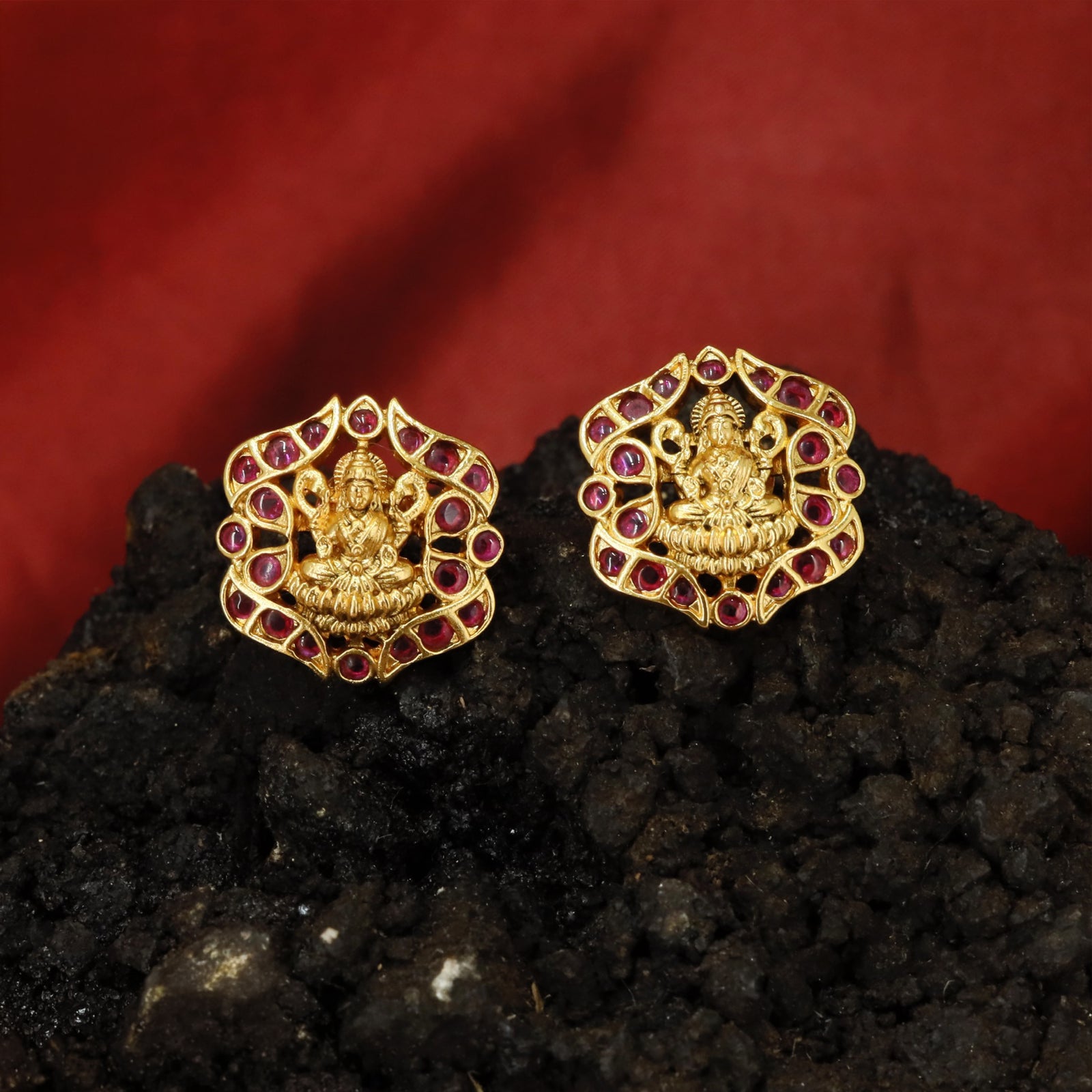 Sacred Lakshmi Frame Stud Earrings with Leaf Inspired Surround Detailing