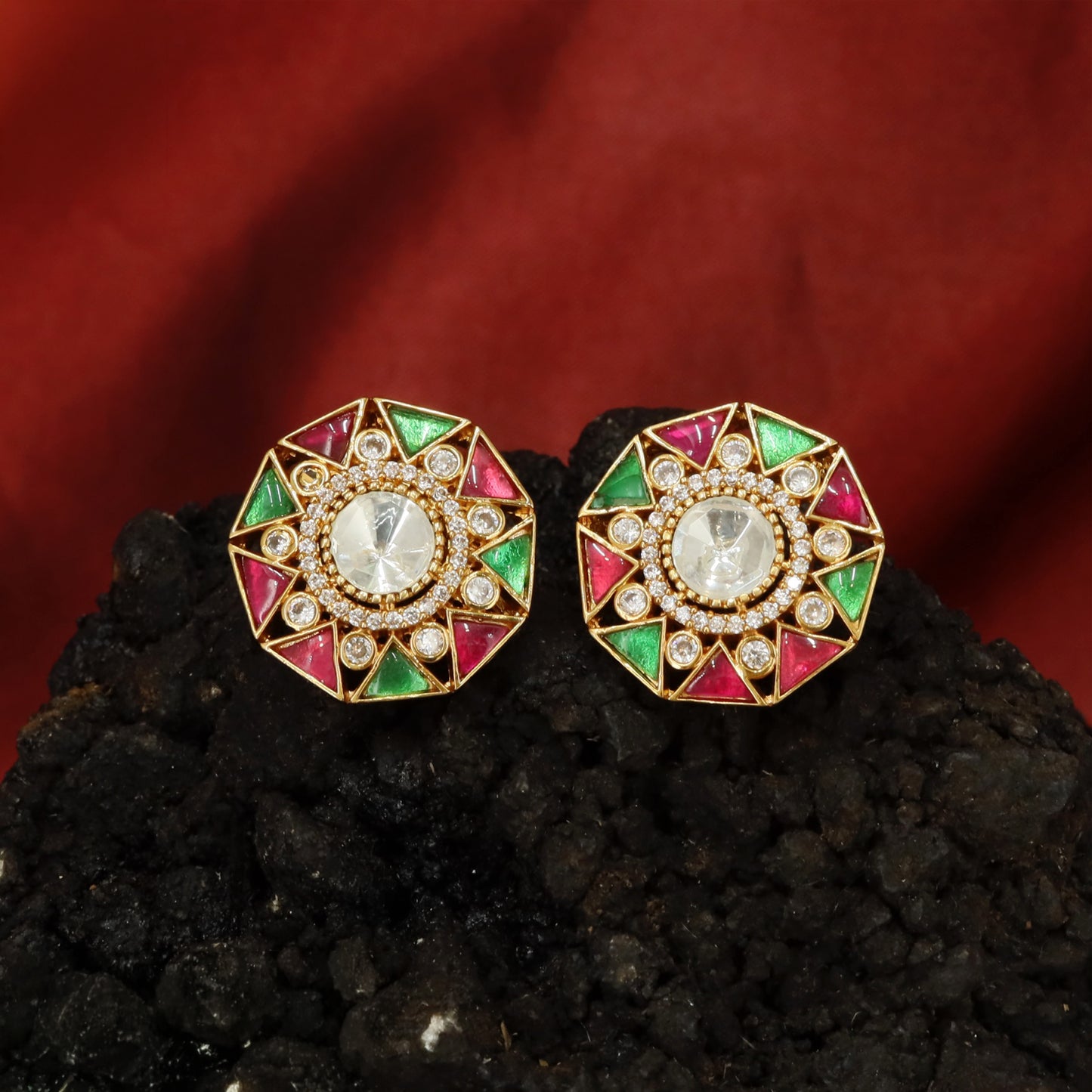 Geometric Starburst Stud Earrings with Triangle Panel Surround and Circular Center