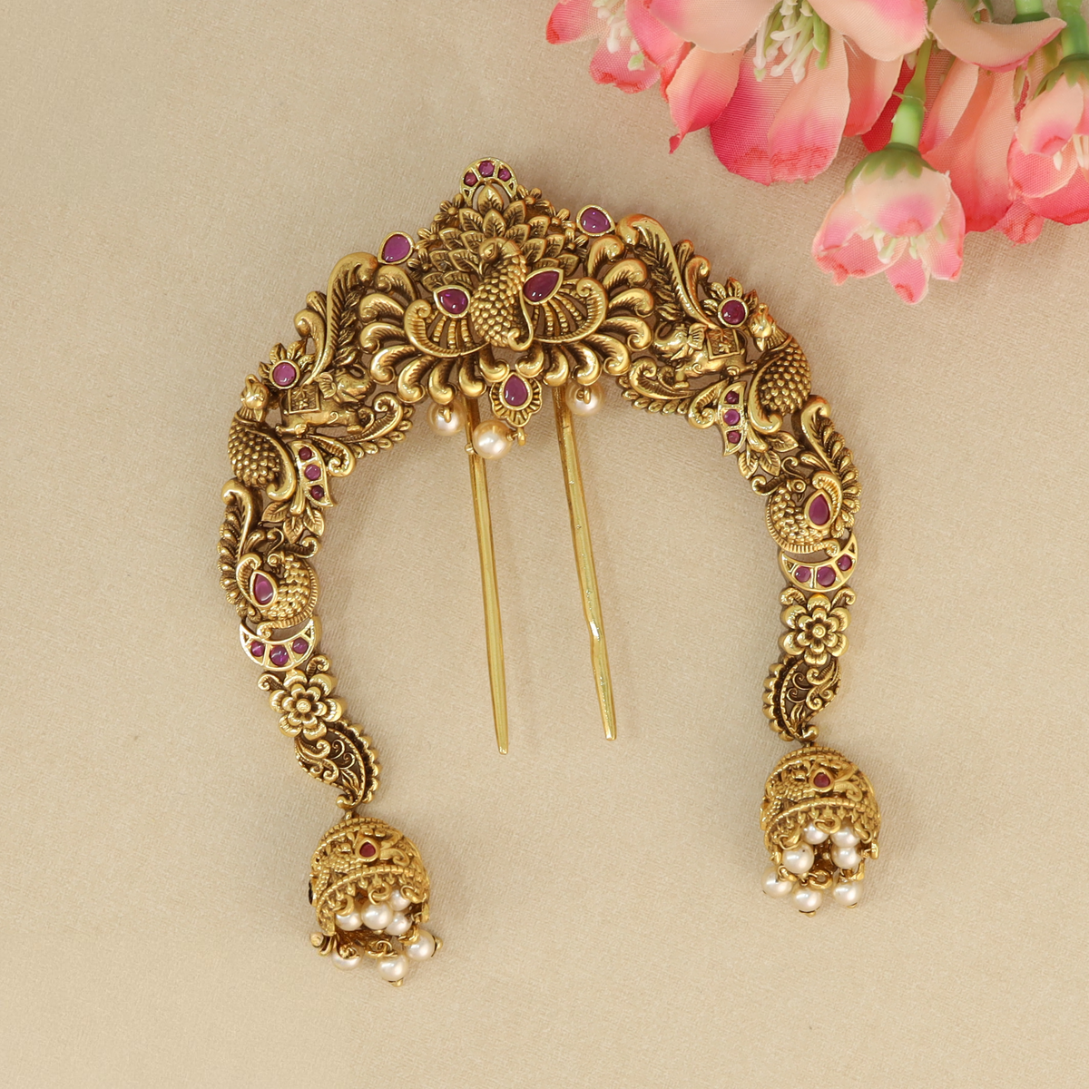 Majestic Peacock Arch Hair Ornament with Intricate Carving and Dangling Jhumka Drops