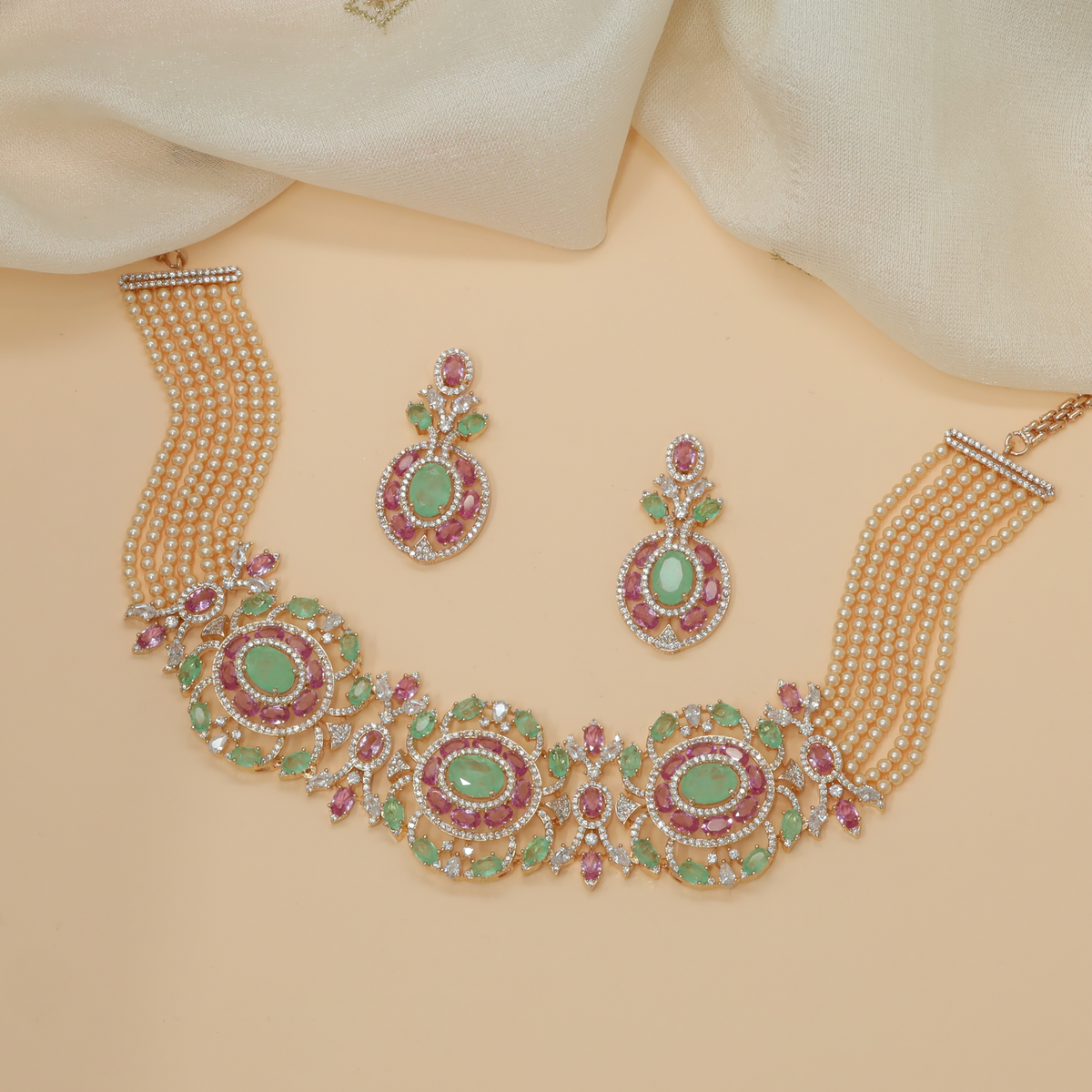 Grand Oval Gem Centre Choker with Pearl Layered Strands and Stone Floral Connectors