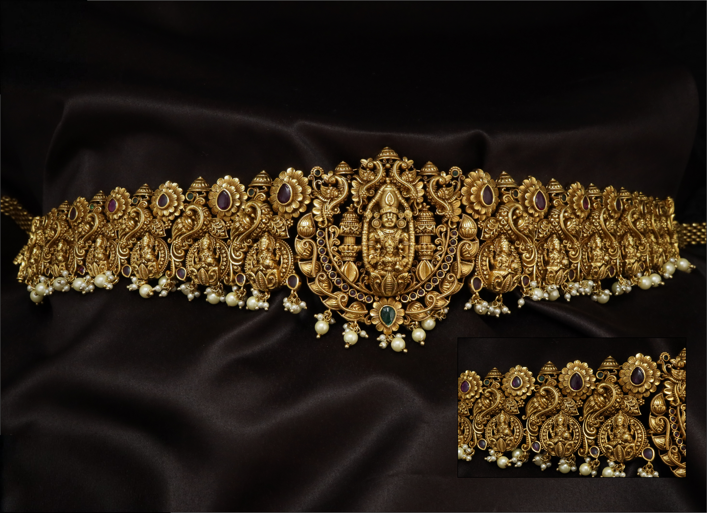 Lakshmi Venkateshwara Shrine Waist Belt with Temple Arch Panel and Pearl Drop Fringe