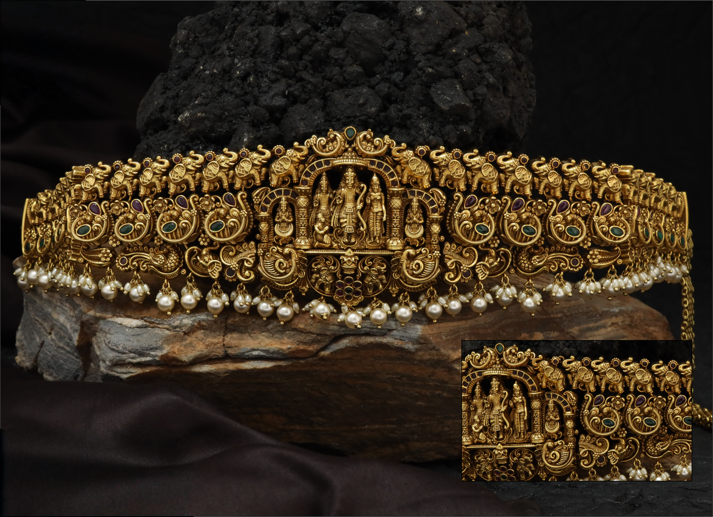 Ram Darbar Waist Belt with Temple Arch Panel and Pearl Drop Fringe
