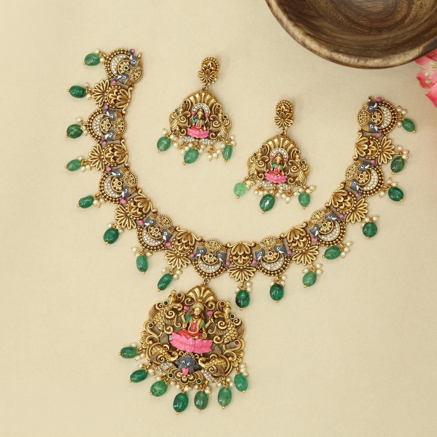 Antique necklace with Lakshmi pendant and peacock framed linkwork