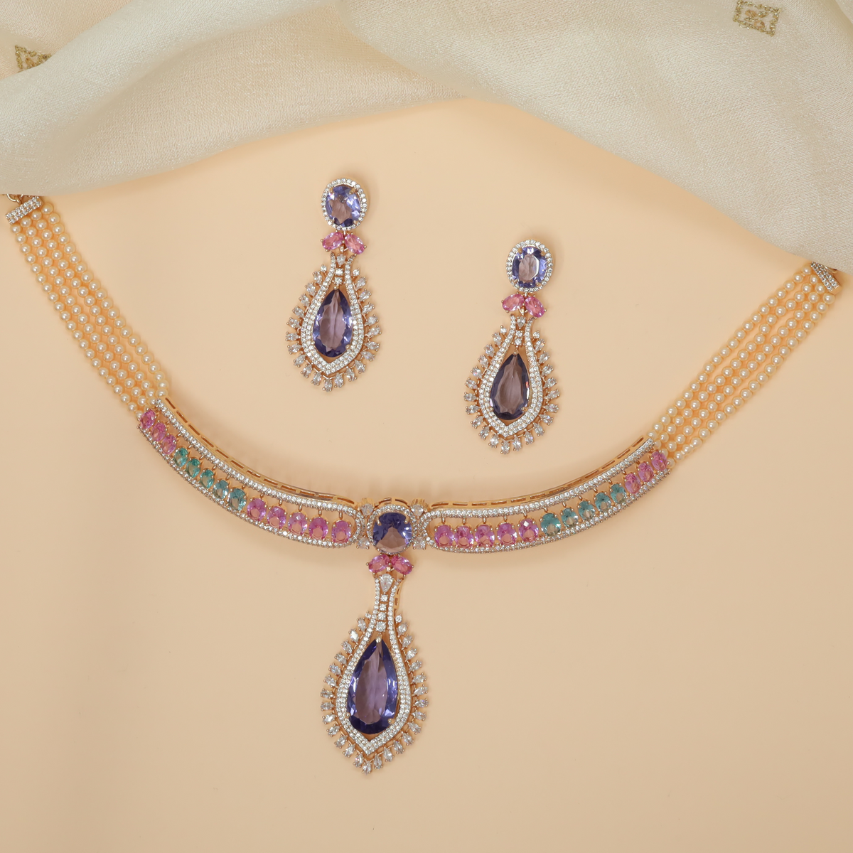 Lustria Prism-Set Curve Necklace with Crystal Drop Pendant