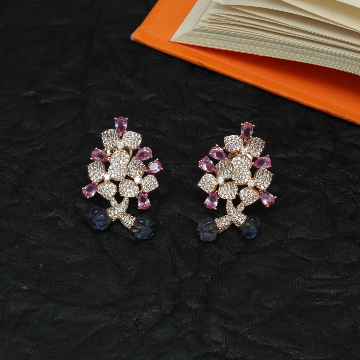 Ethereal Blossom Motif Stud with Clustered Petal Design and Drop Beads