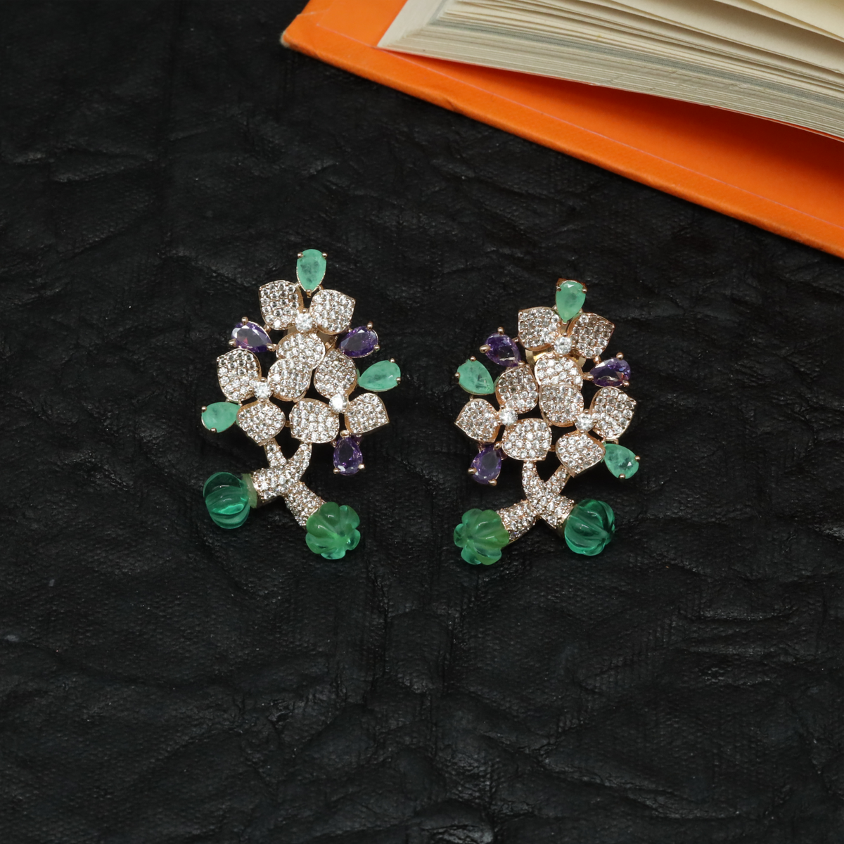 Ethereal Blossom Motif Stud with Clustered Petal Design and Drop Beads