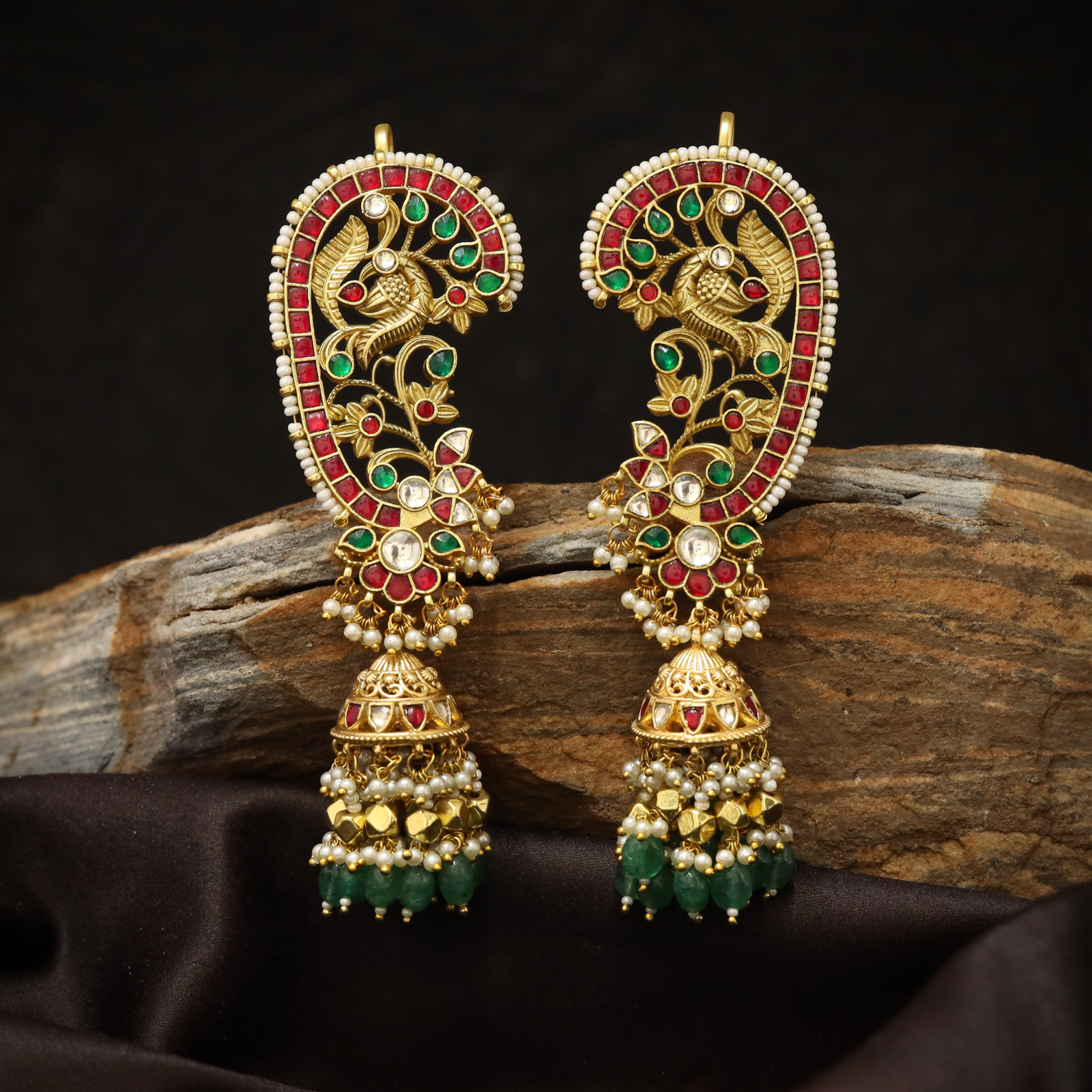 Plumed Peacock Cuff Jhumka Earrings with Leaf Vine Detailing and Layered Dome Drops