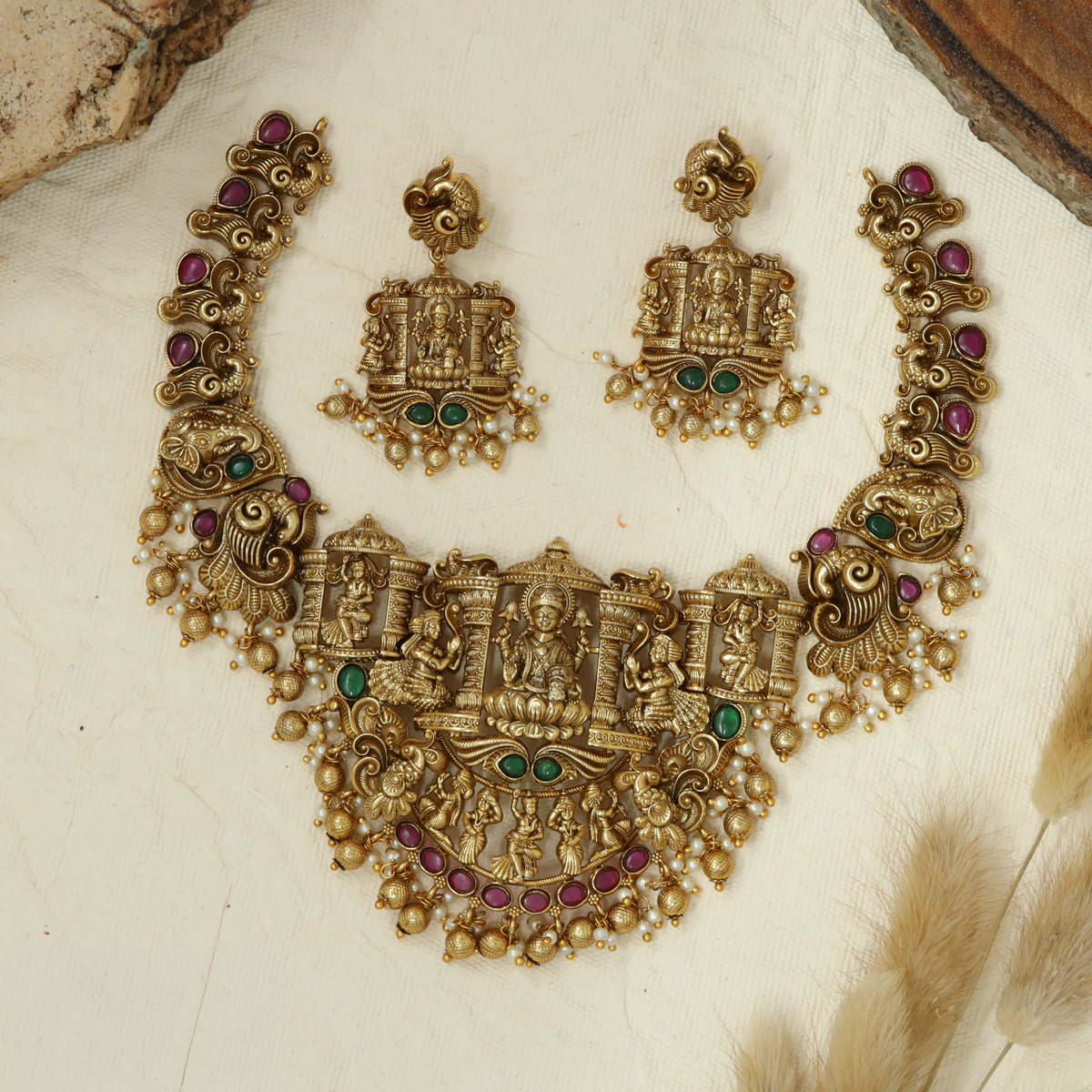 Traditional Lakshmi Necklace with Sculpted Temple Figures
