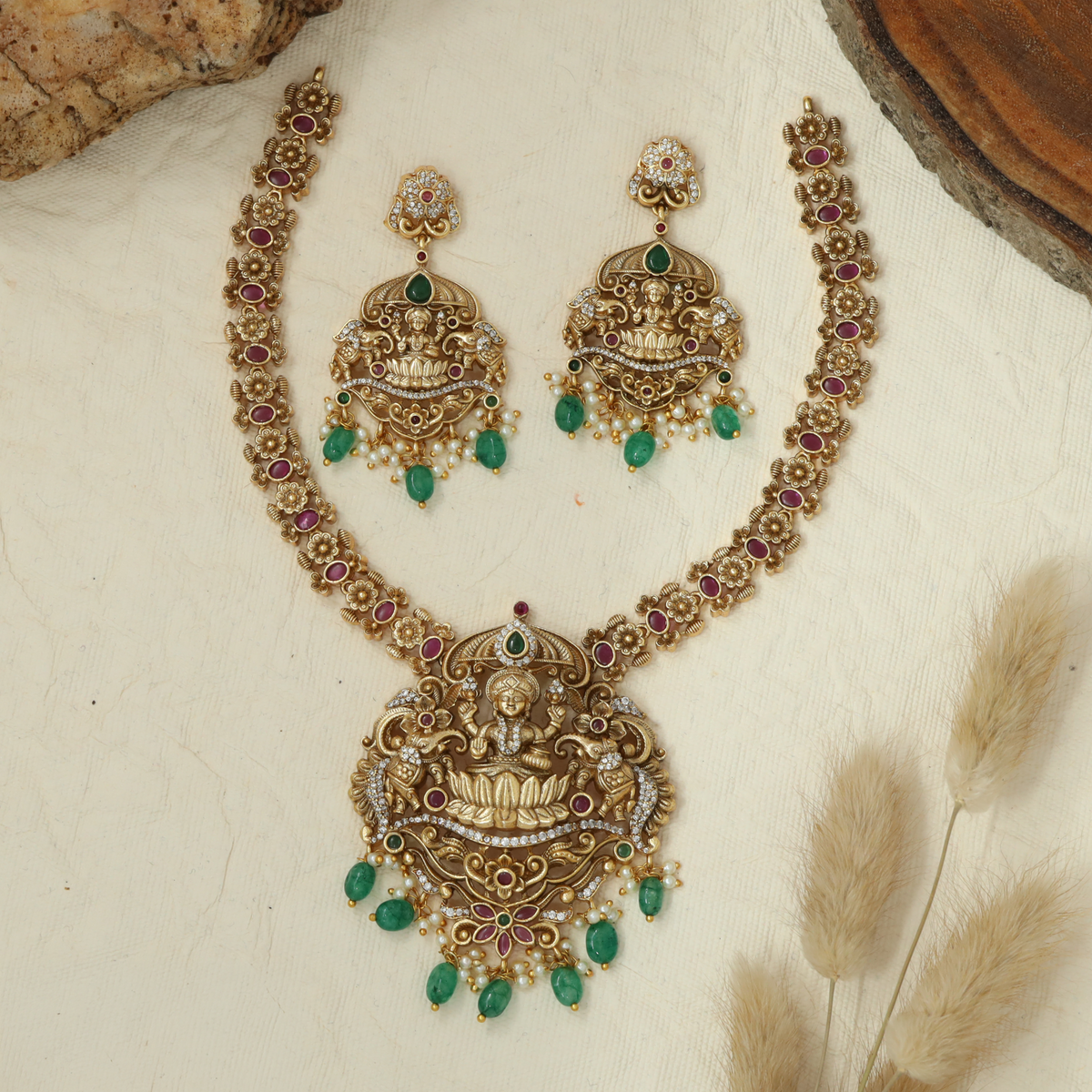 Heritage Lakshmi Necklace with Grand Temple Pendant and Intricate Floral Linkwork