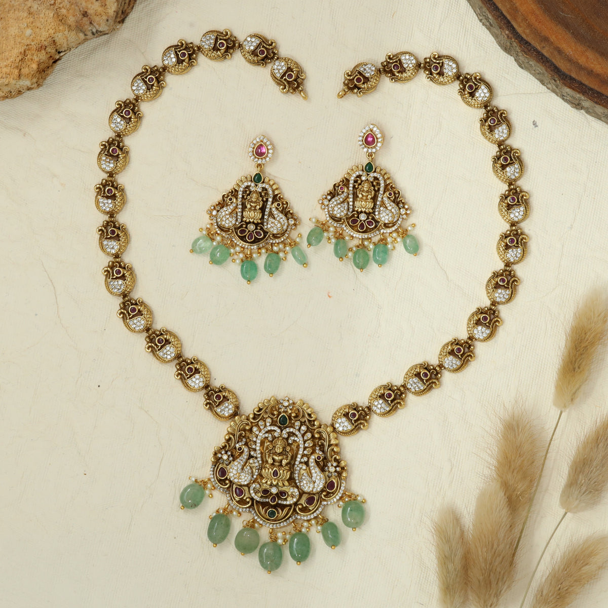Antique Long Haara With Lakshmi Pendant And Temple Detailing