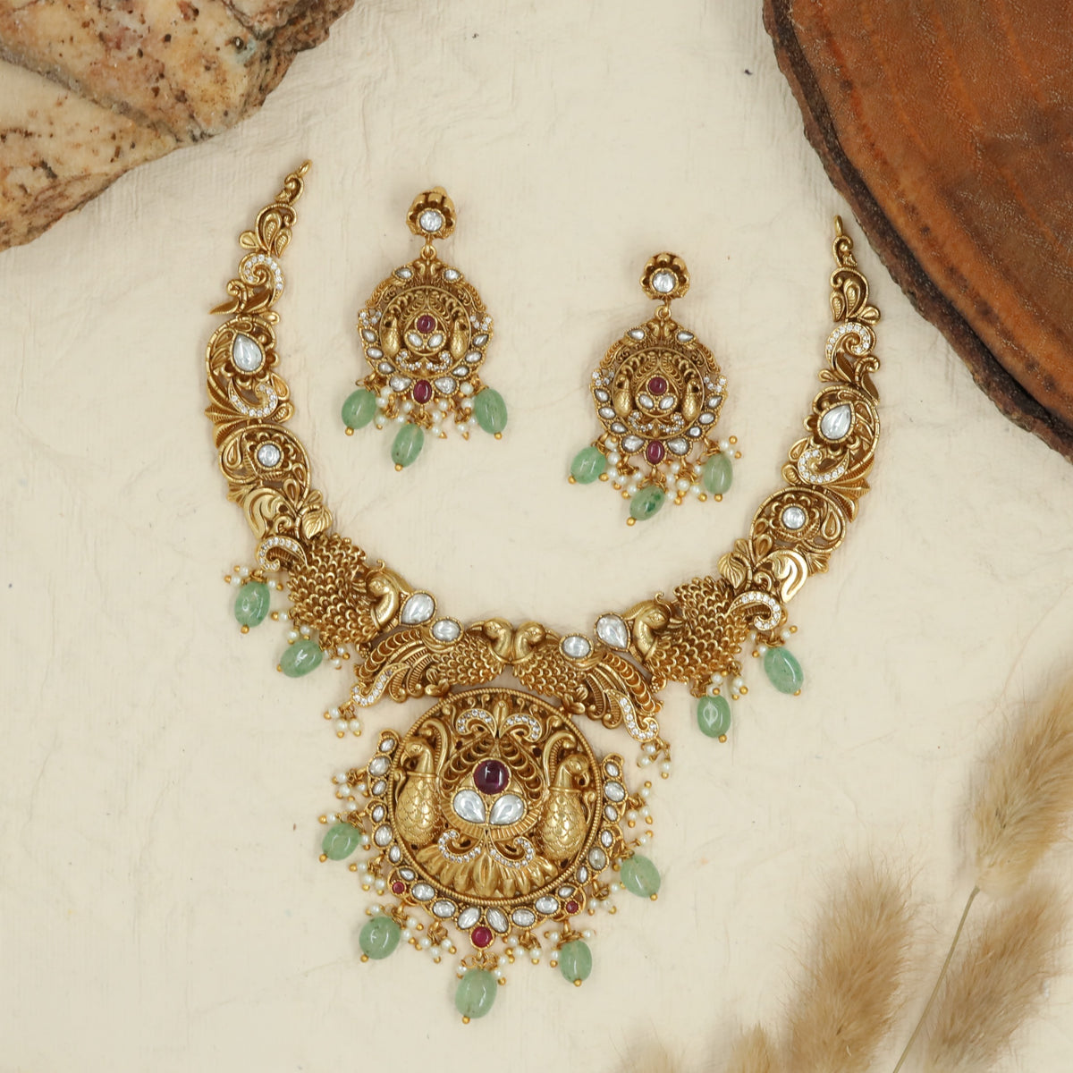 Traditional Antique Necklace Set With Decorative Peacock Details