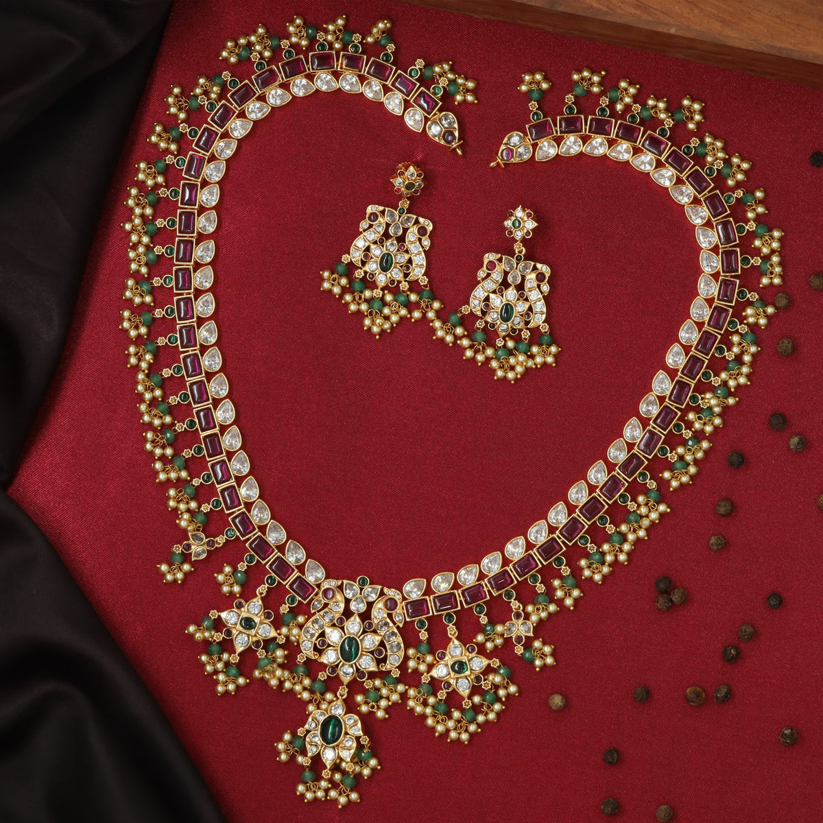Antique Long Haara With Geometric Stone Borders And Floral Drops