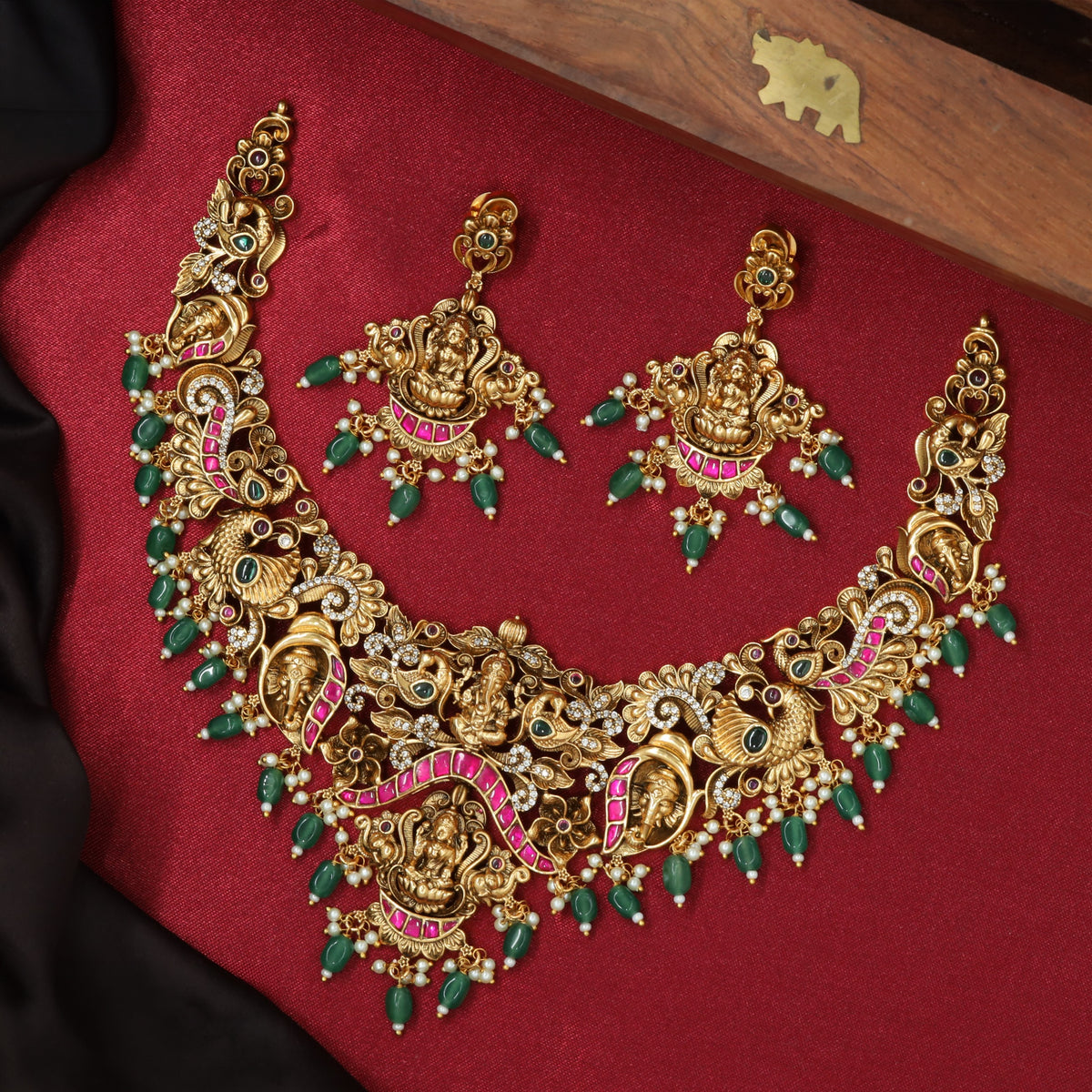Antique Necklace Set with Lakshmi and Ganesha Pendants