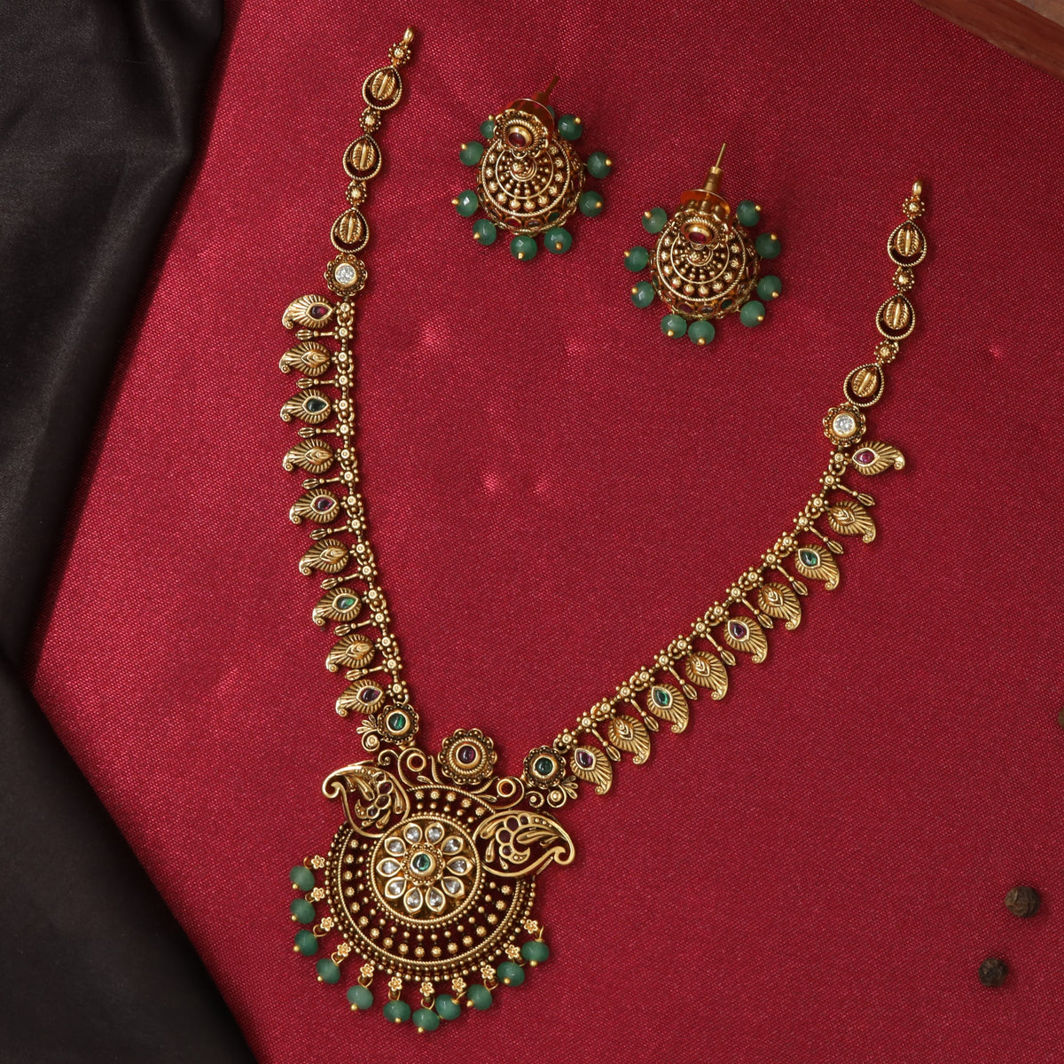 Antique Necklace Set with Circular Pendant and Peacock Details